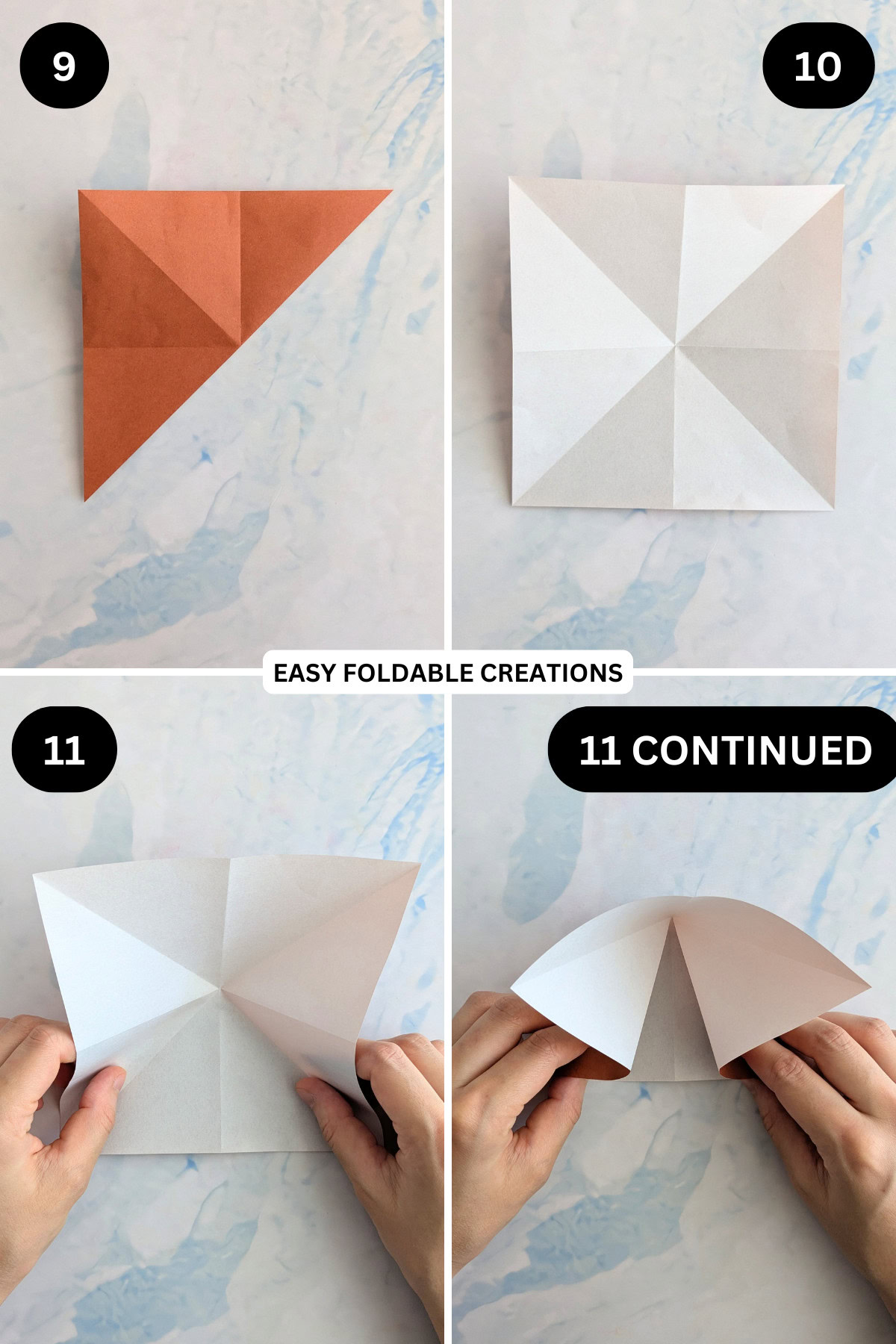 Steps 9 to 11 for folding an inflatable origami rabbit.