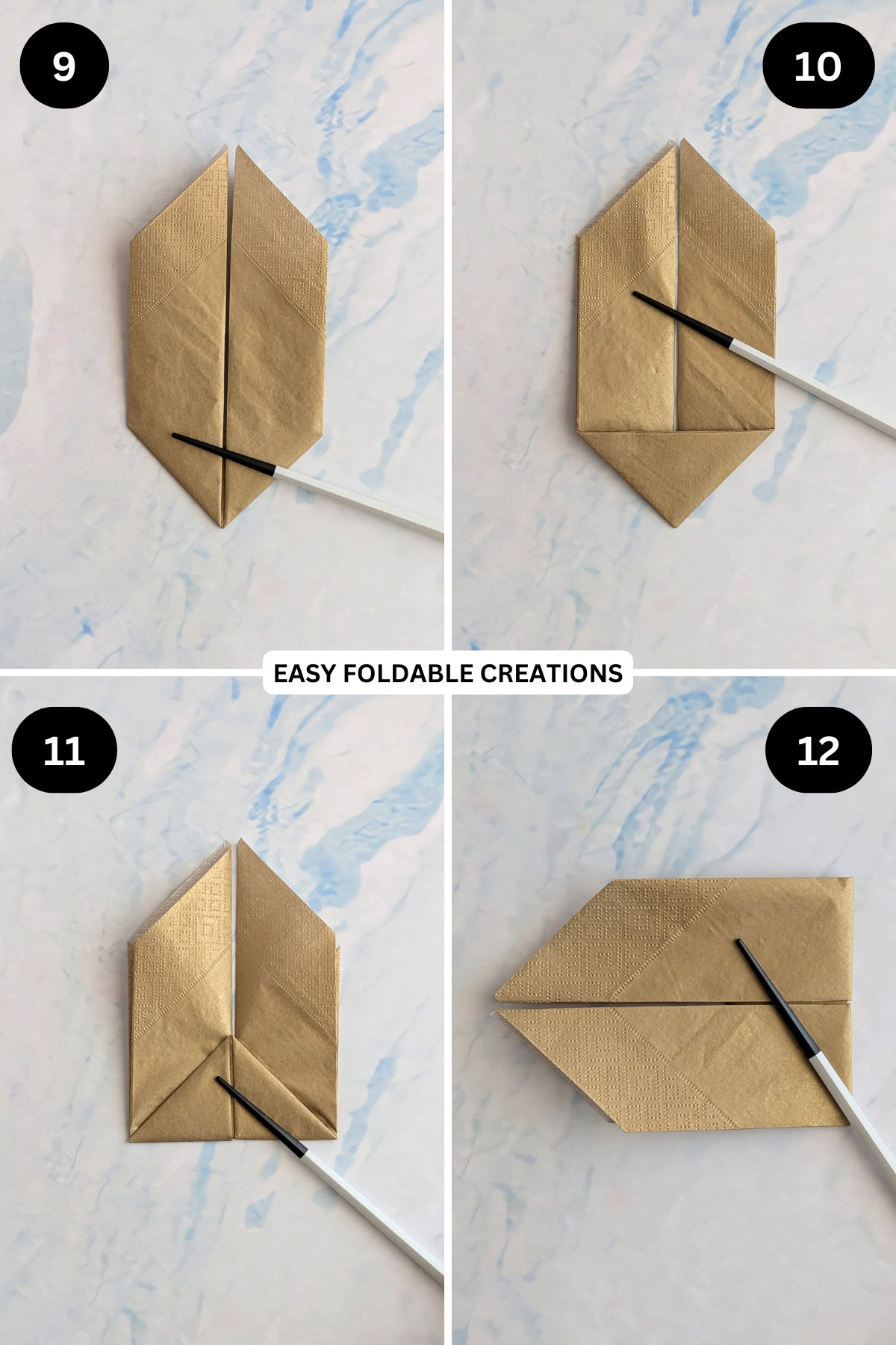 Steps 9 to 12 for folding a bunny napkin.