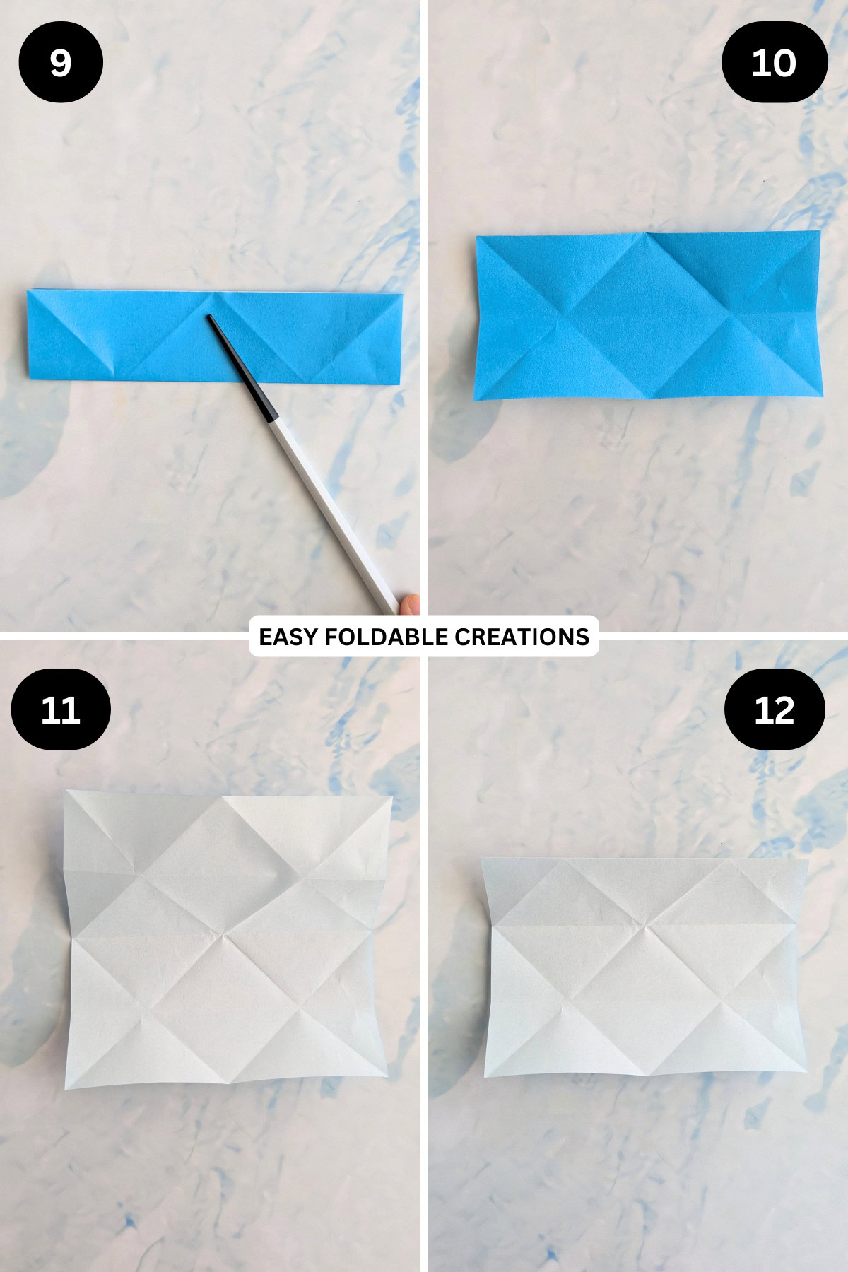 Steps 9 to 12 for folding the desk organizer base.