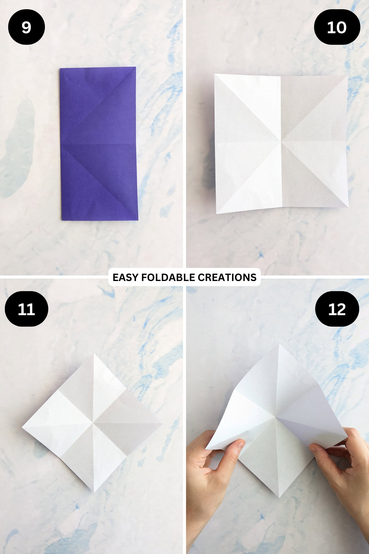 Steps 9 to 12 for folding an easy origami bowl.