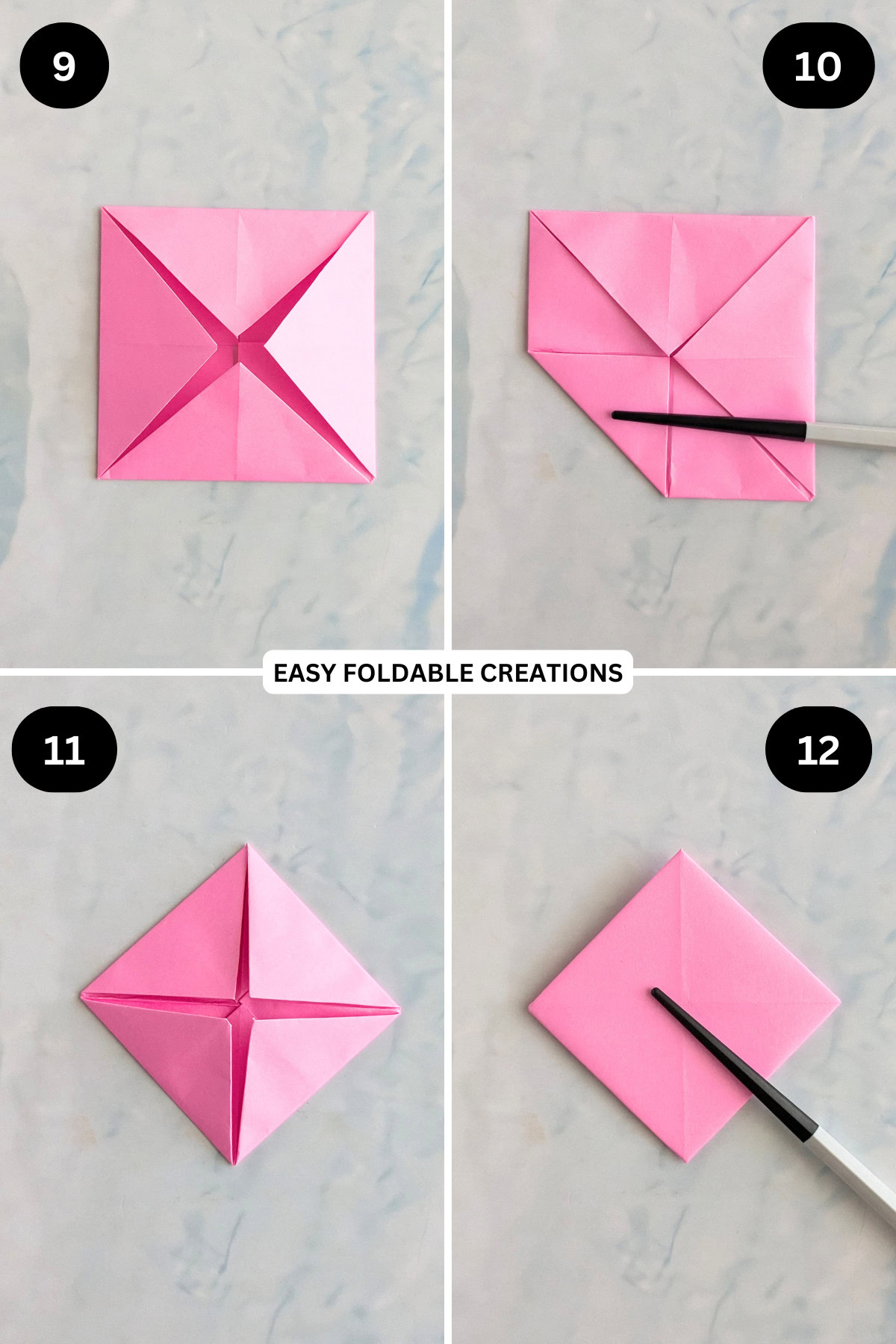 Steps 9 to 12 for folding an origami lotus.