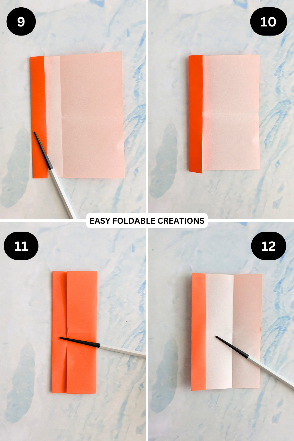 Step 9 to 12 for folding an origami heart ring.