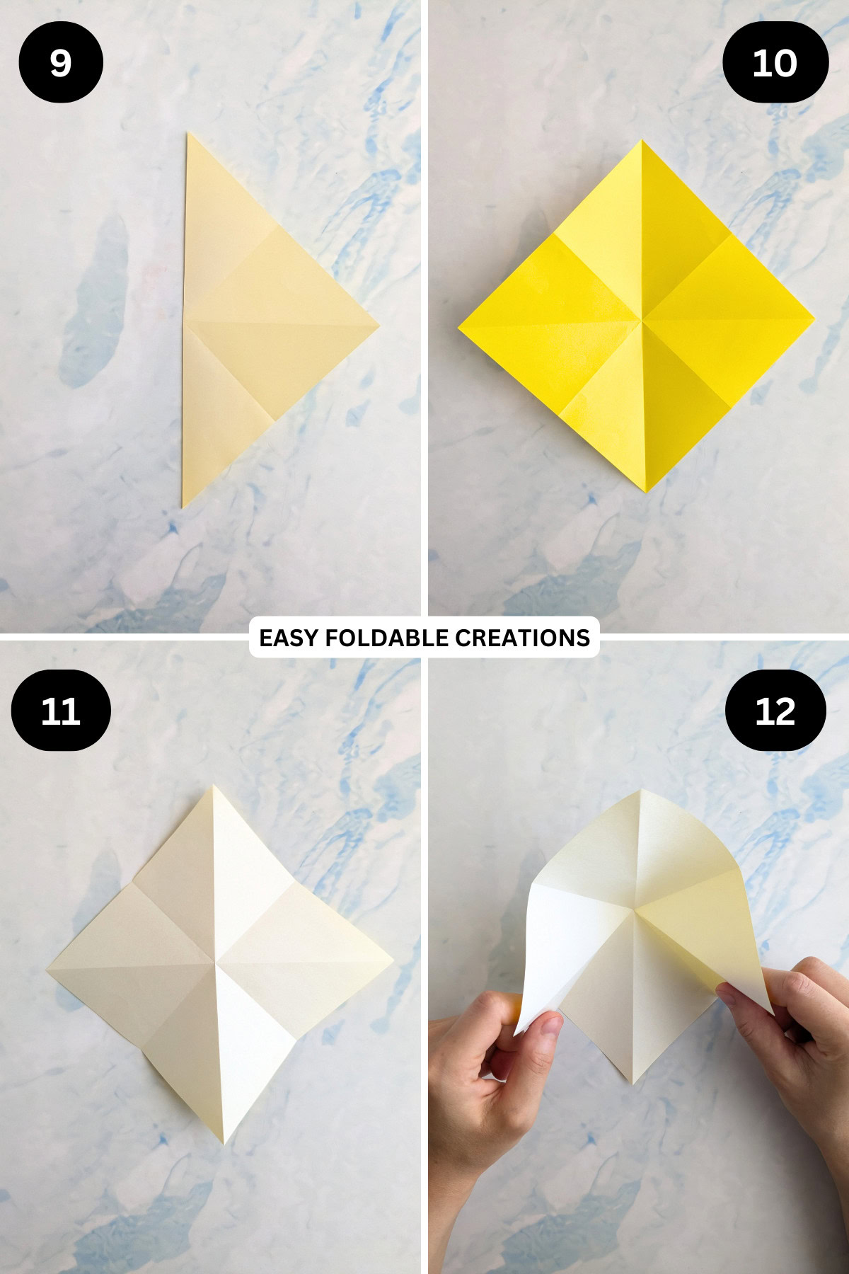 Step 9 to 12 for folding an origami star box.