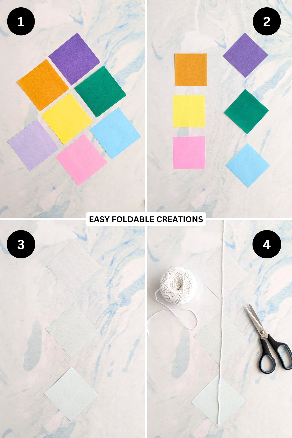 Steps 1 to 4 for making a DIY square paper garland.