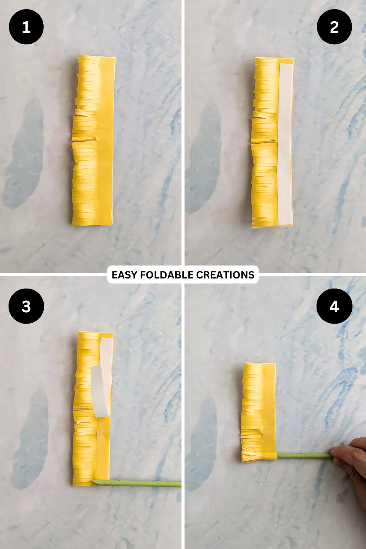 Steps 1 to 4 for putting the paper daisy flower together.