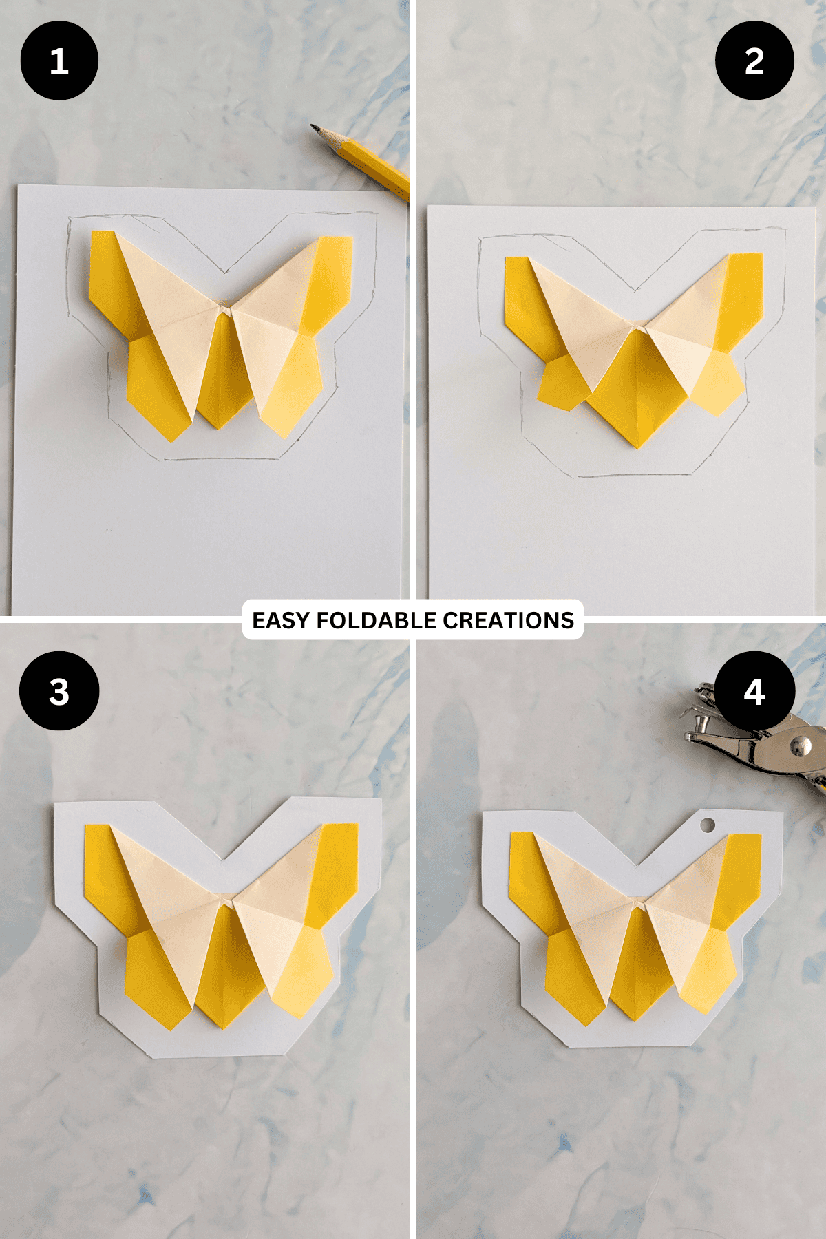 Steps 1 to 4 for making a DIY butterfly gift tag.