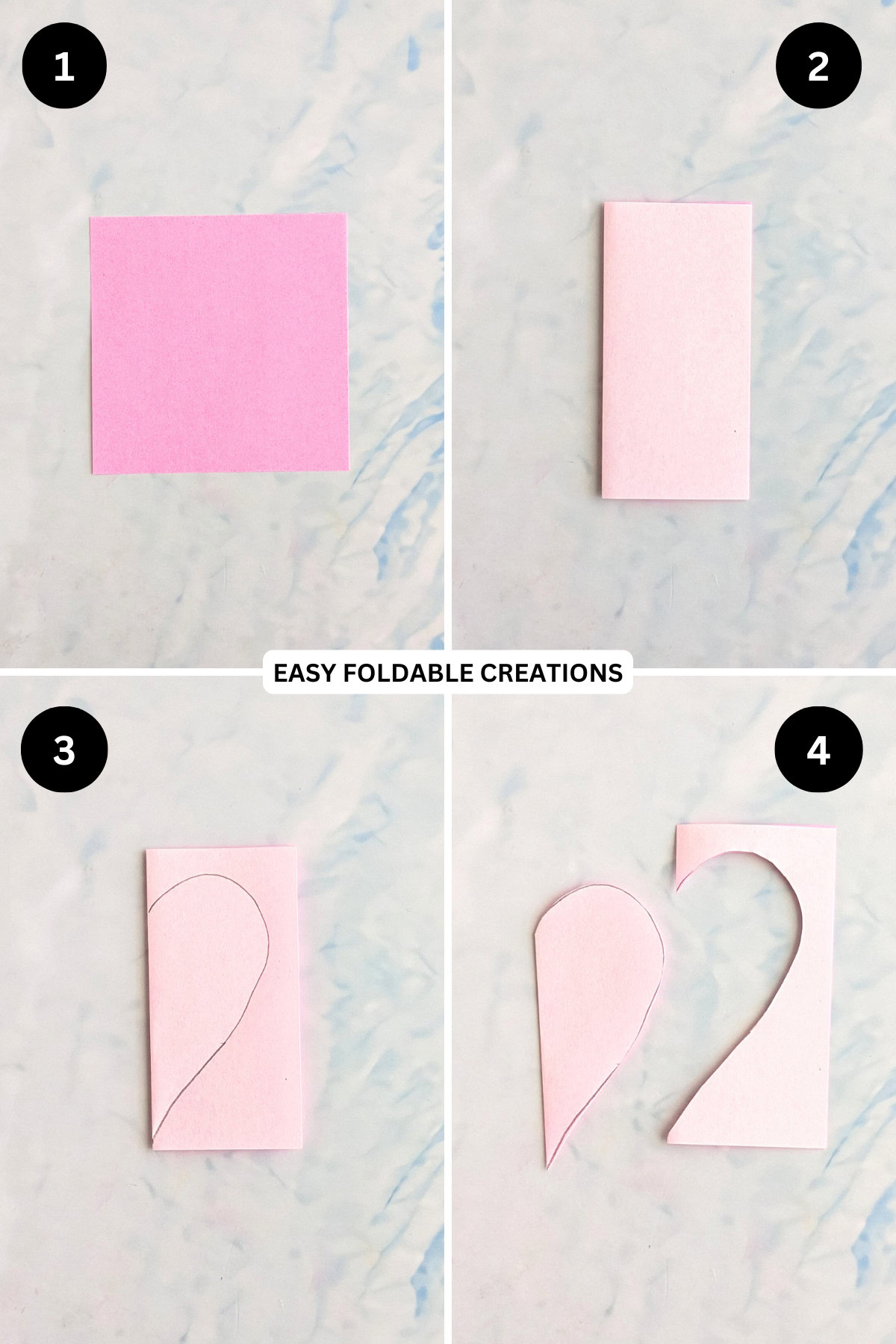 Steps 1 to 4 for making a DIY heart paper garland.