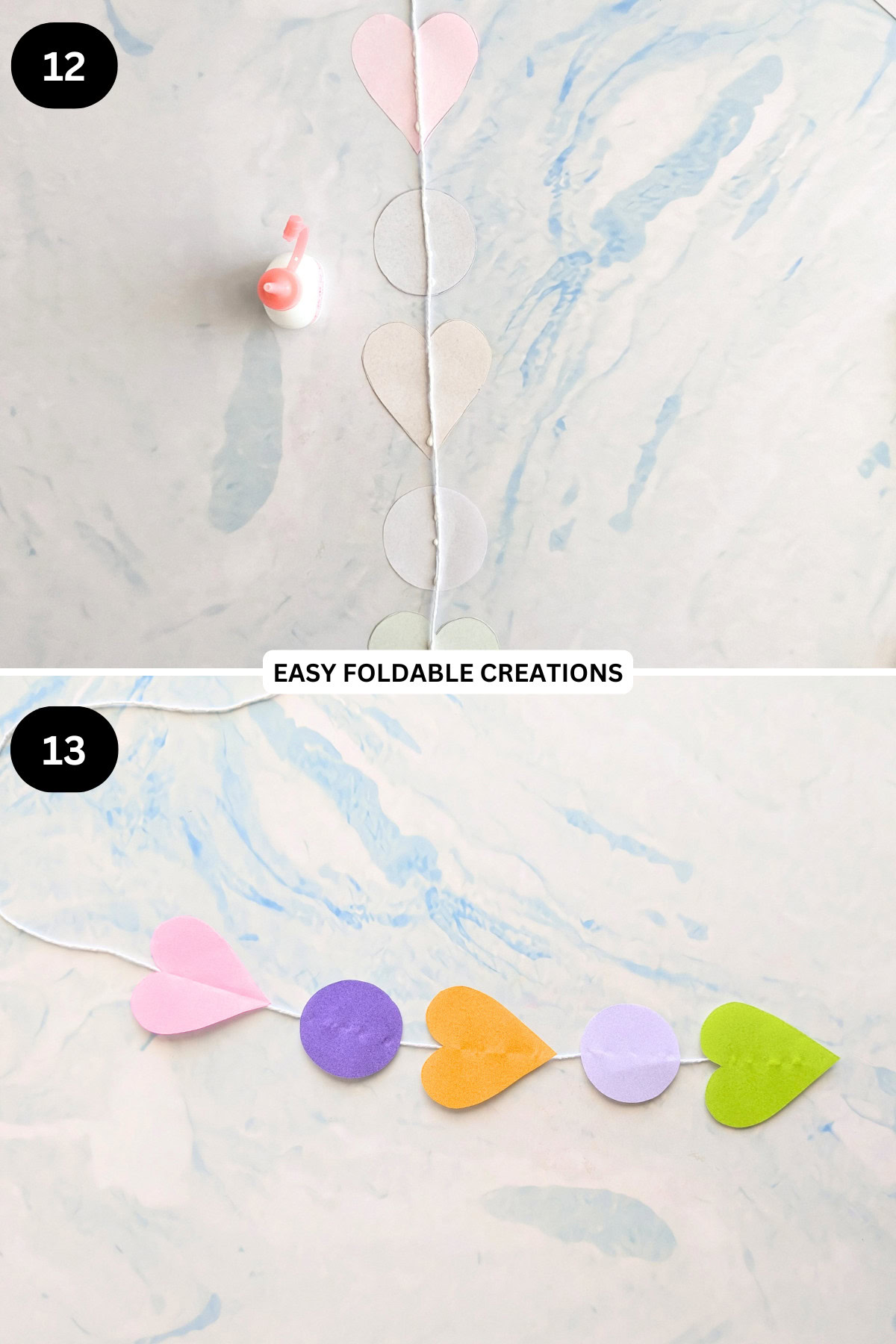 Steps 12 to 13 for making a DIY heart paper garland.