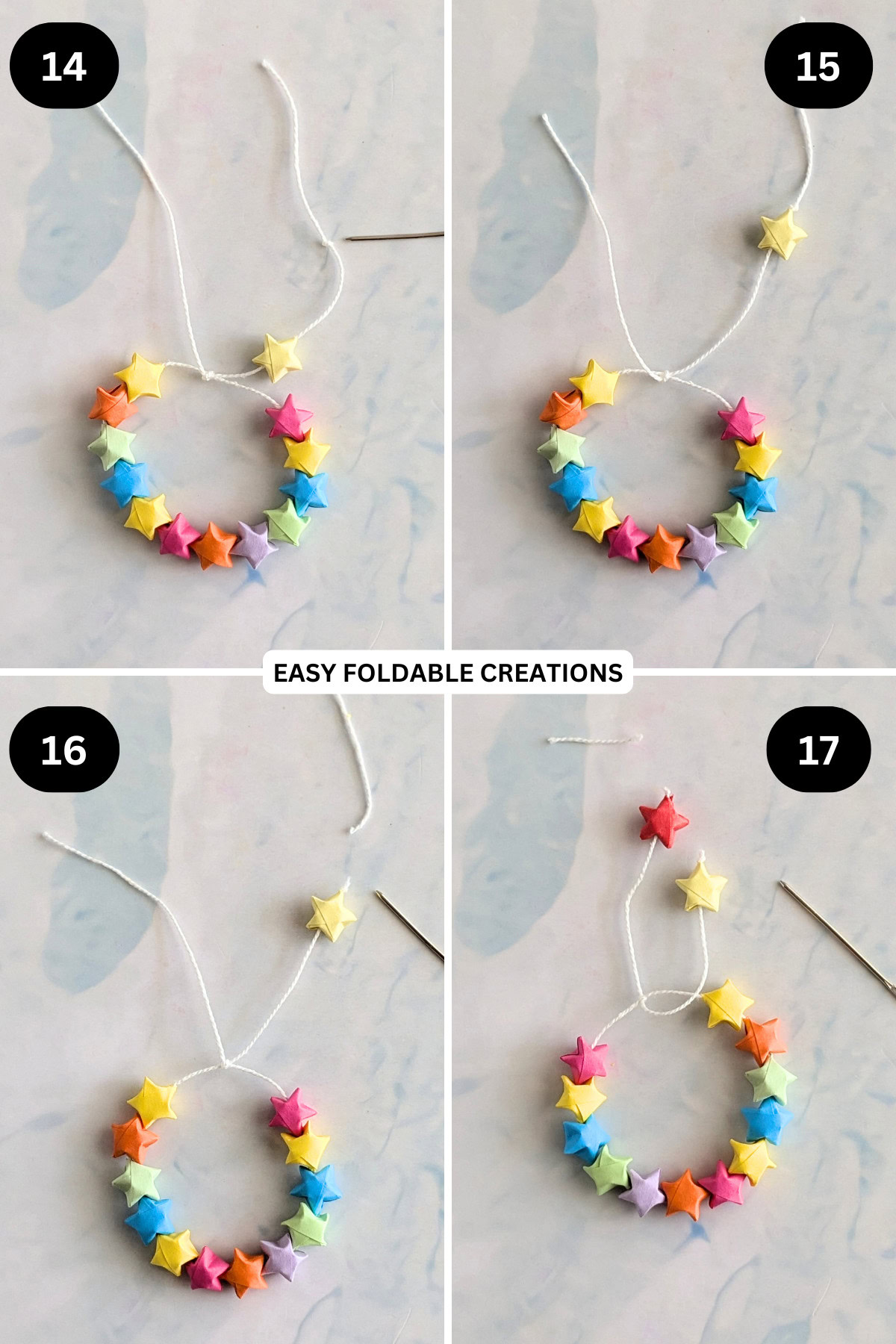 Steps 14 to 17 for putting the star bracelet together.