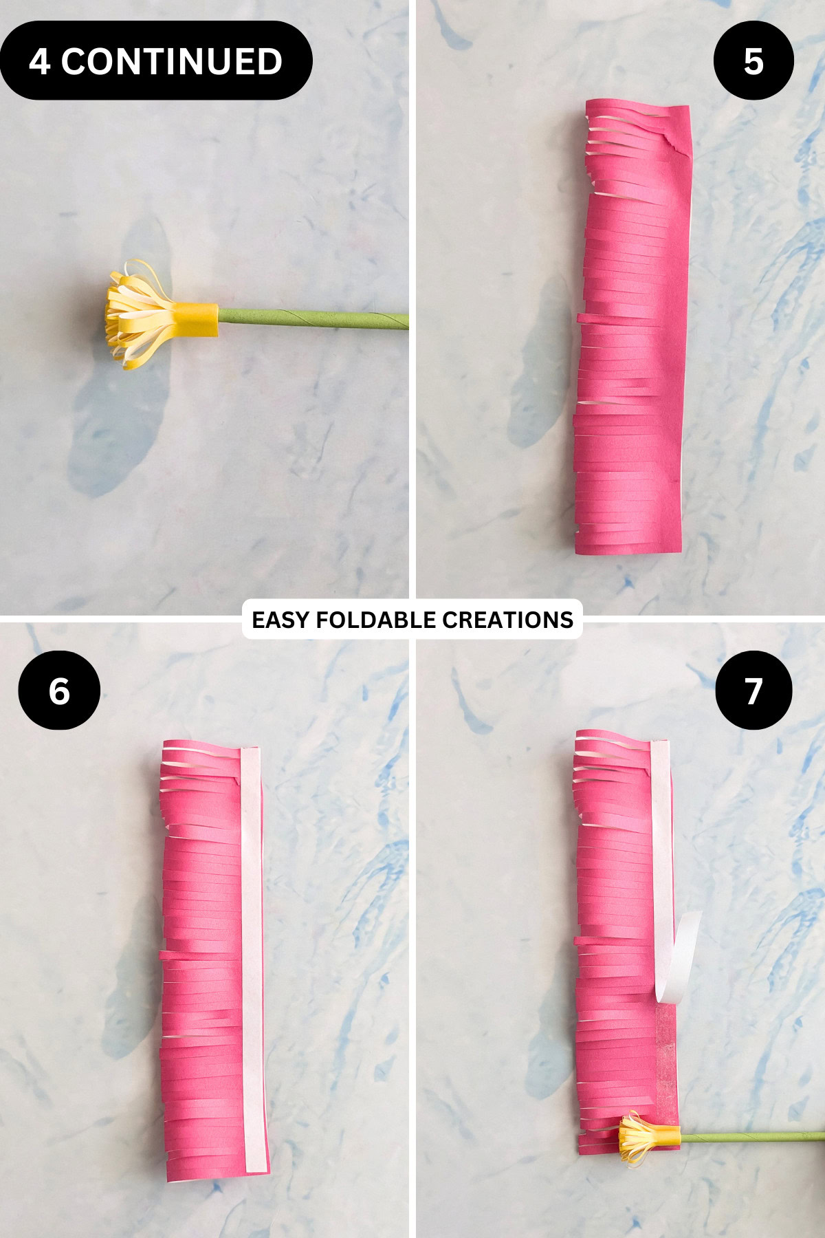 Steps 4 continued to 7 for putting the paper daisy flower together.