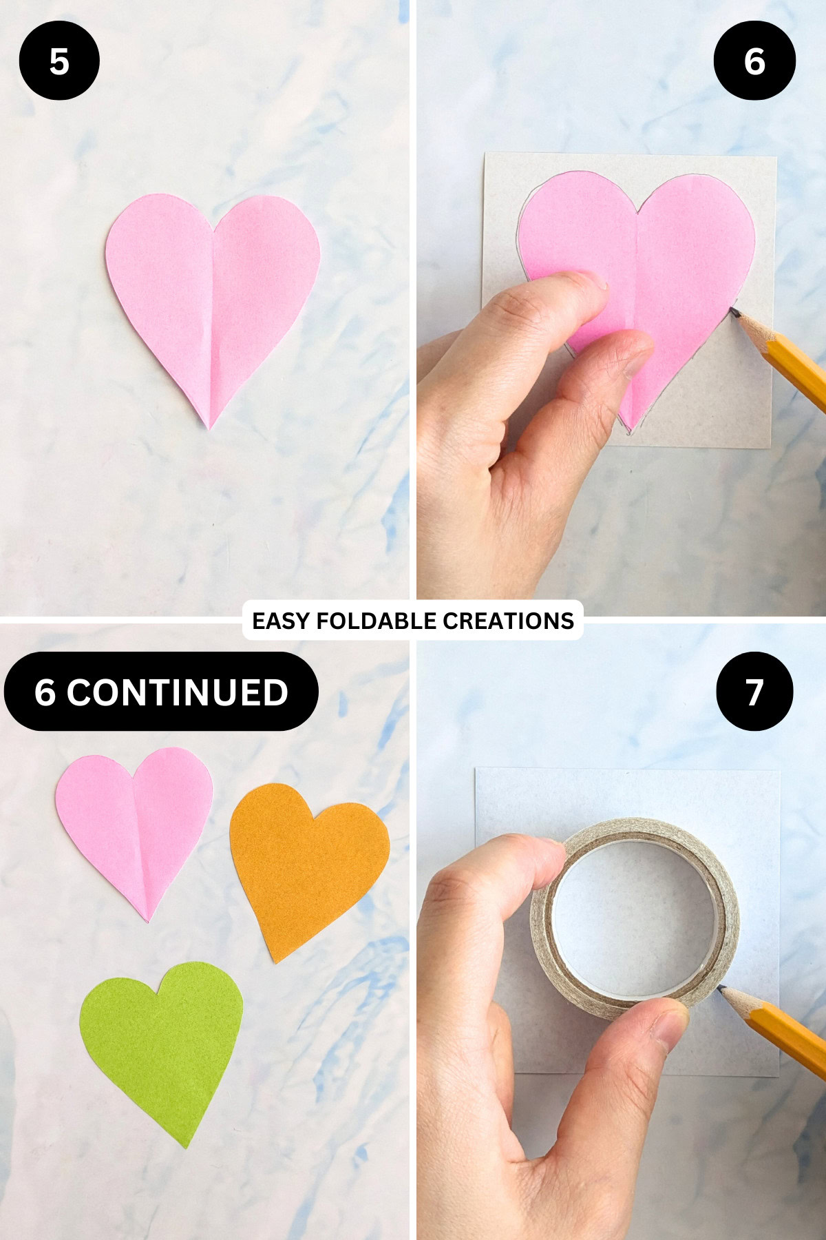 Steps 5 to 7 for making a DIY heart paper garland.