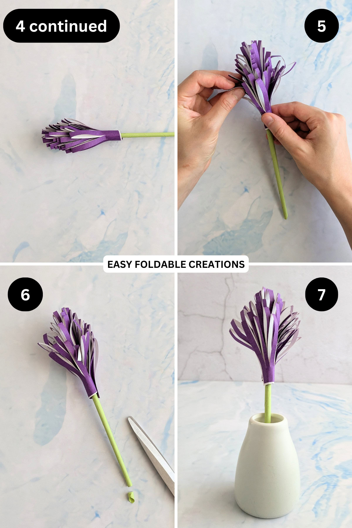 Steps 4 continued to 7 for putting the simple paper flower together.