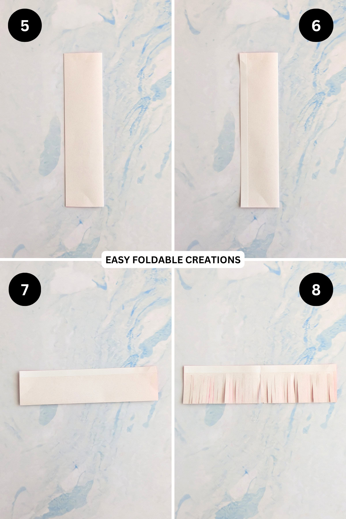 Steps 5 to 8 for making the daisy paper flower petals.