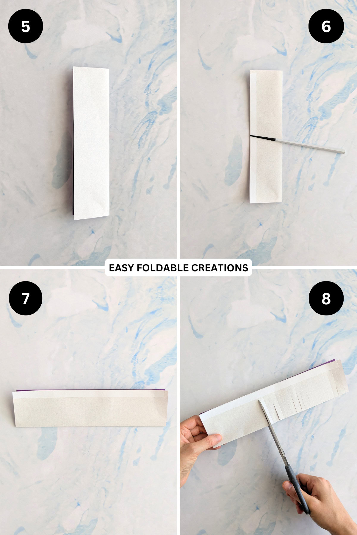 Steps 5 to 8 for making the petals for an easy paper flower.