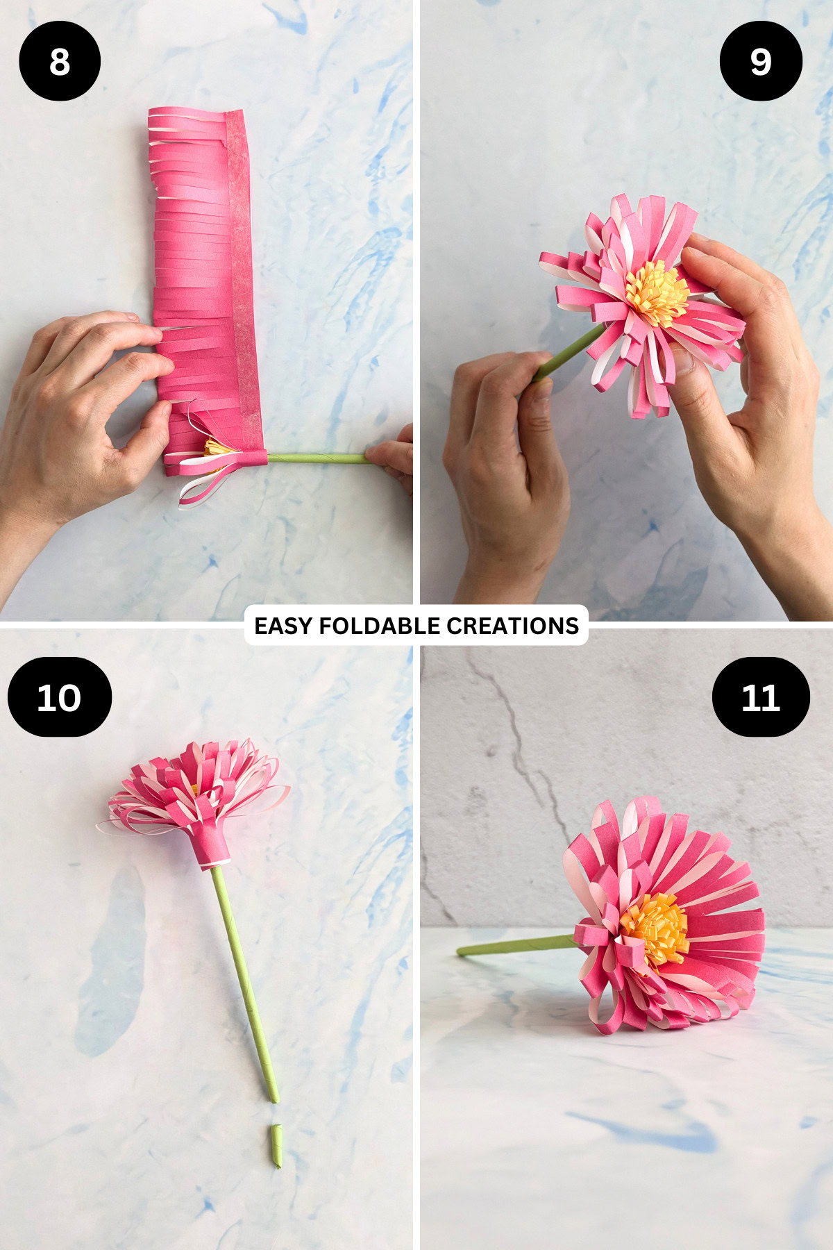Steps 8 to 11 for putting the paper daisy flower together.