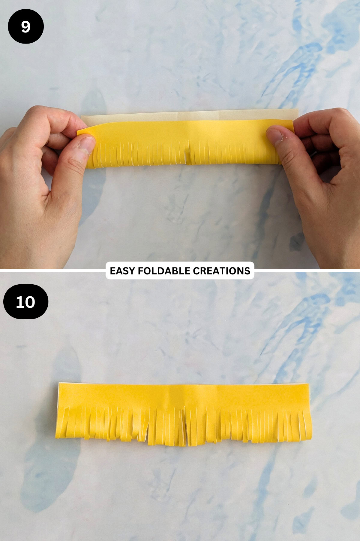Steps 9 to 10 for folding the daisy paper flower pistil.