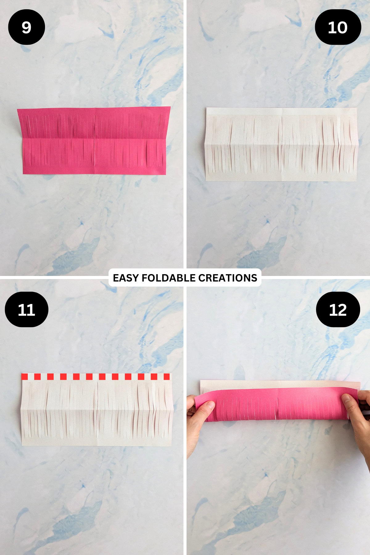 Steps 9 to 12 for folding the daisy paper flower petals.