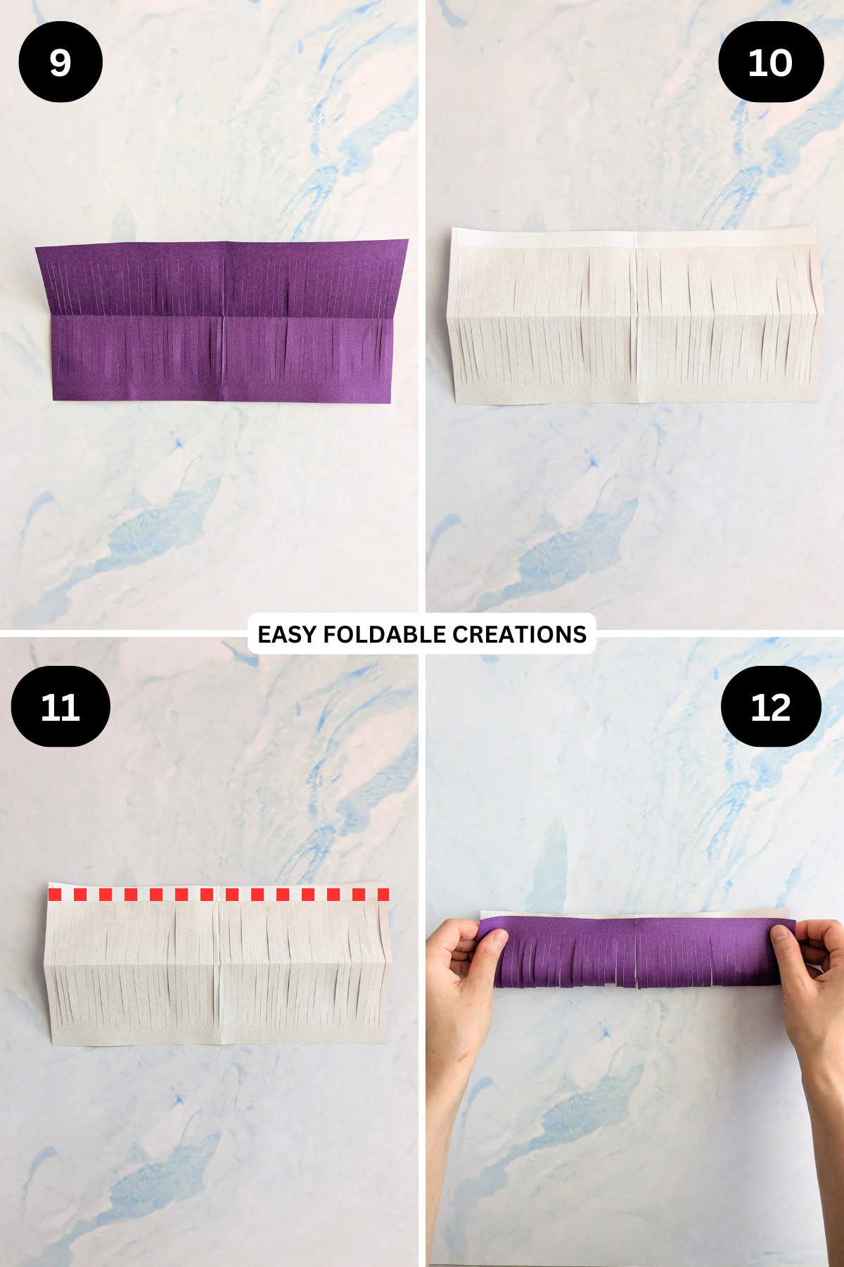 Steps 9 to 12 for making the simple paper flower petals.
