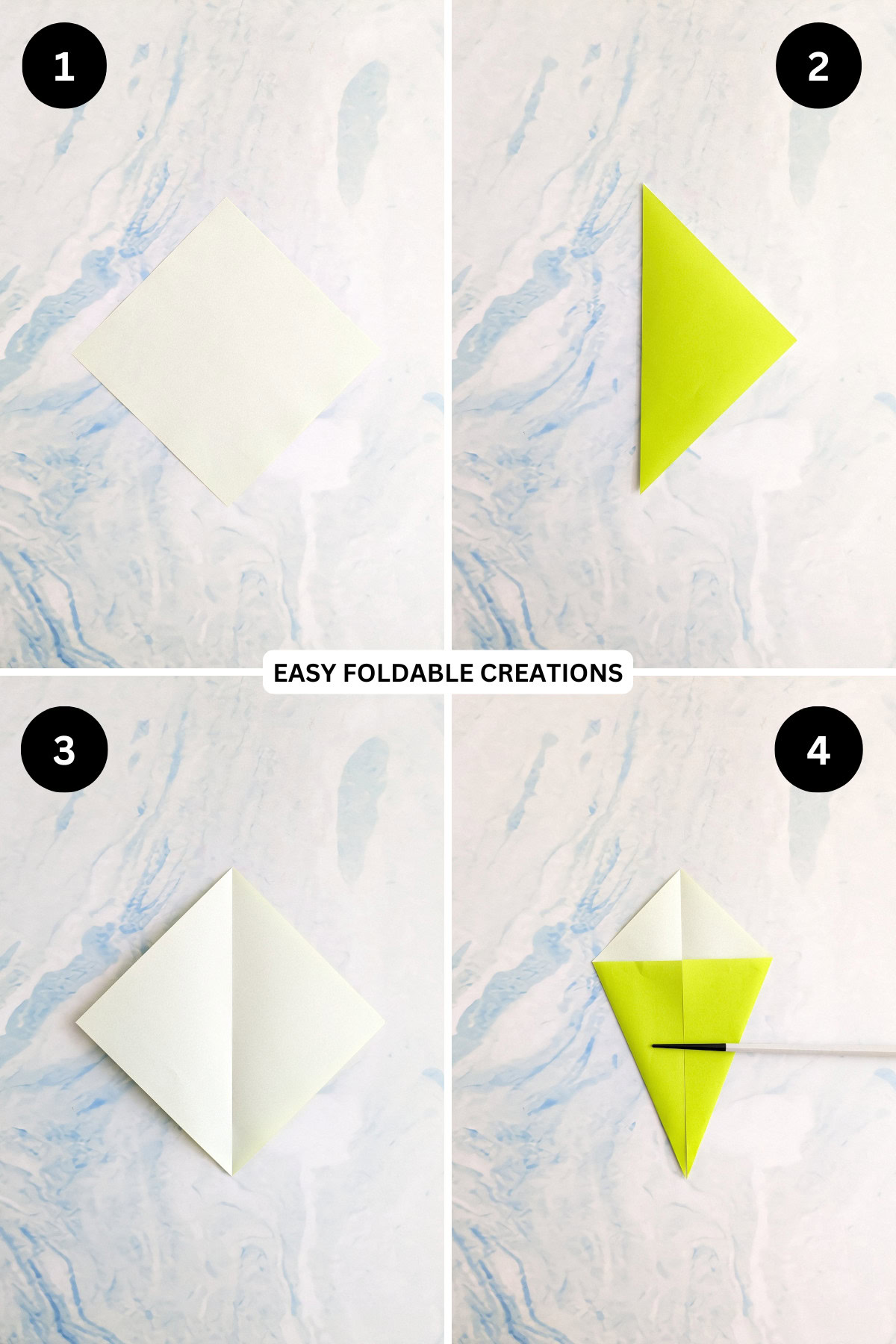 Steps 1 to 4 for folding a 2D origami Christmas tree.