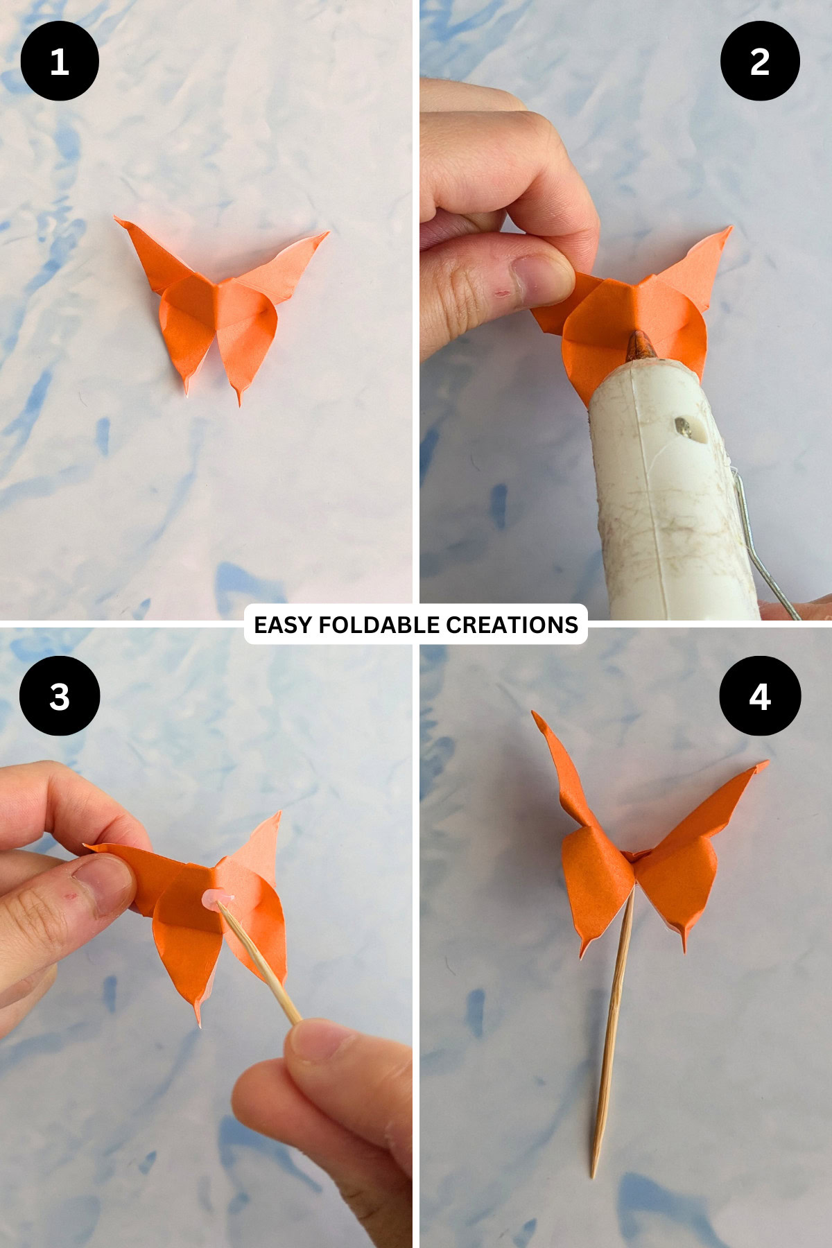 Steps 1 to 4 for putting the butterfly cake topper together.