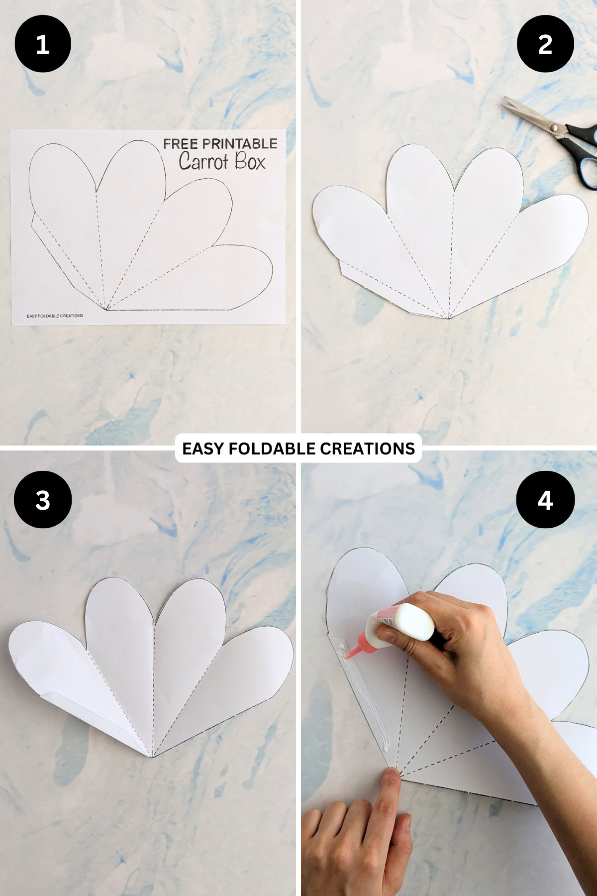 Steps 1 to 4 for folding a DIY carrot box.