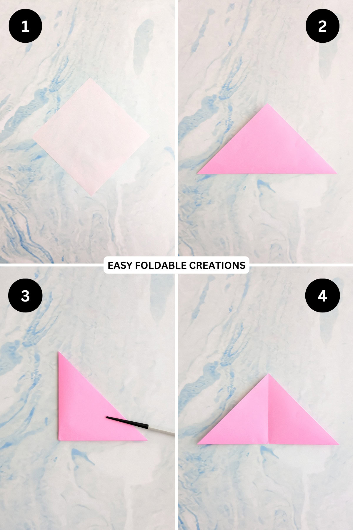 Steps 1 to 4 for folding an origami rabbit face.