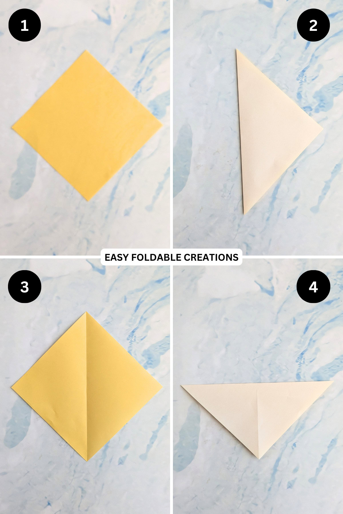 Steps 1 to 4 for folding an easy origami bunny in an egg.