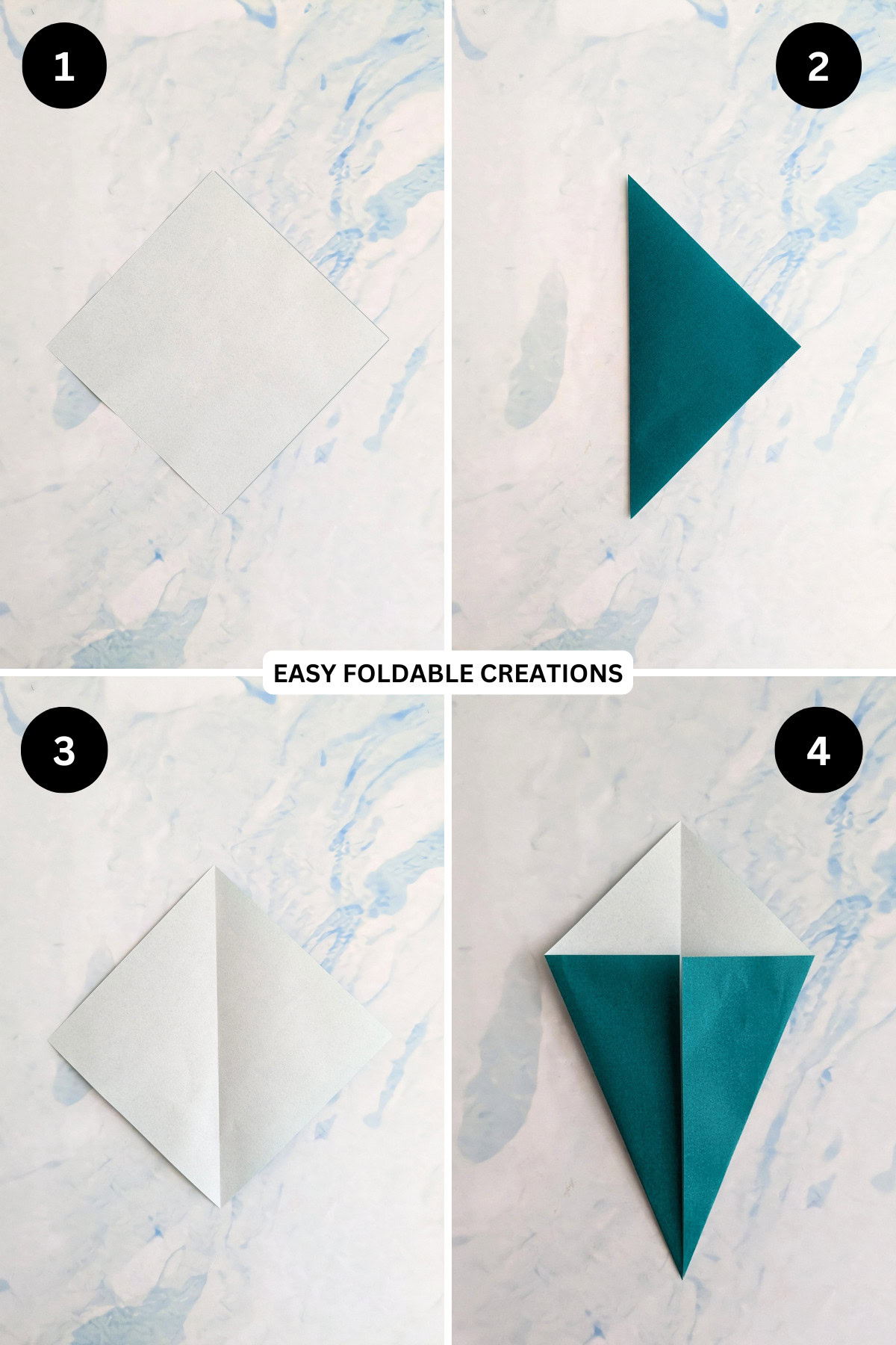 Steps 1 to 4 for folding an easy origami pouch.