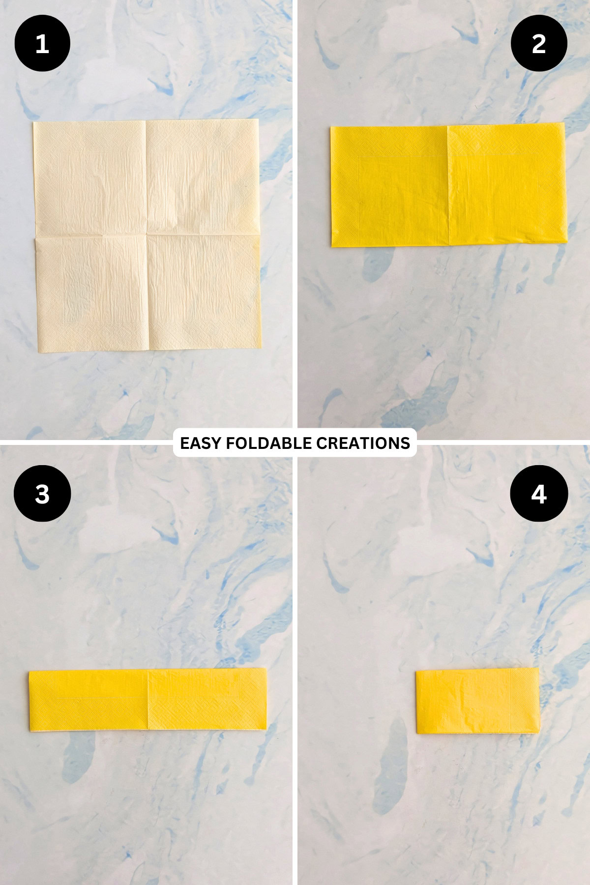 Steps 1 to 4 for folding a heart napkin fold with pouch.
