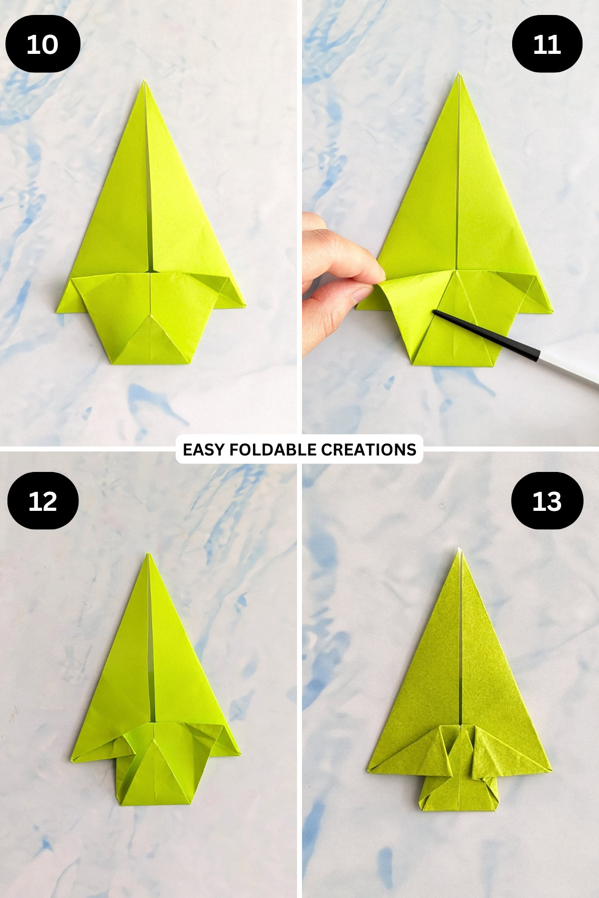 Steps 10 to 13 for folding a 2D origami Christmas tree.