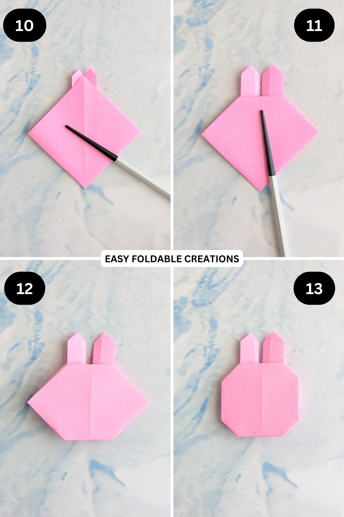 Steps 10 to 13 for folding an origami rabbit face.