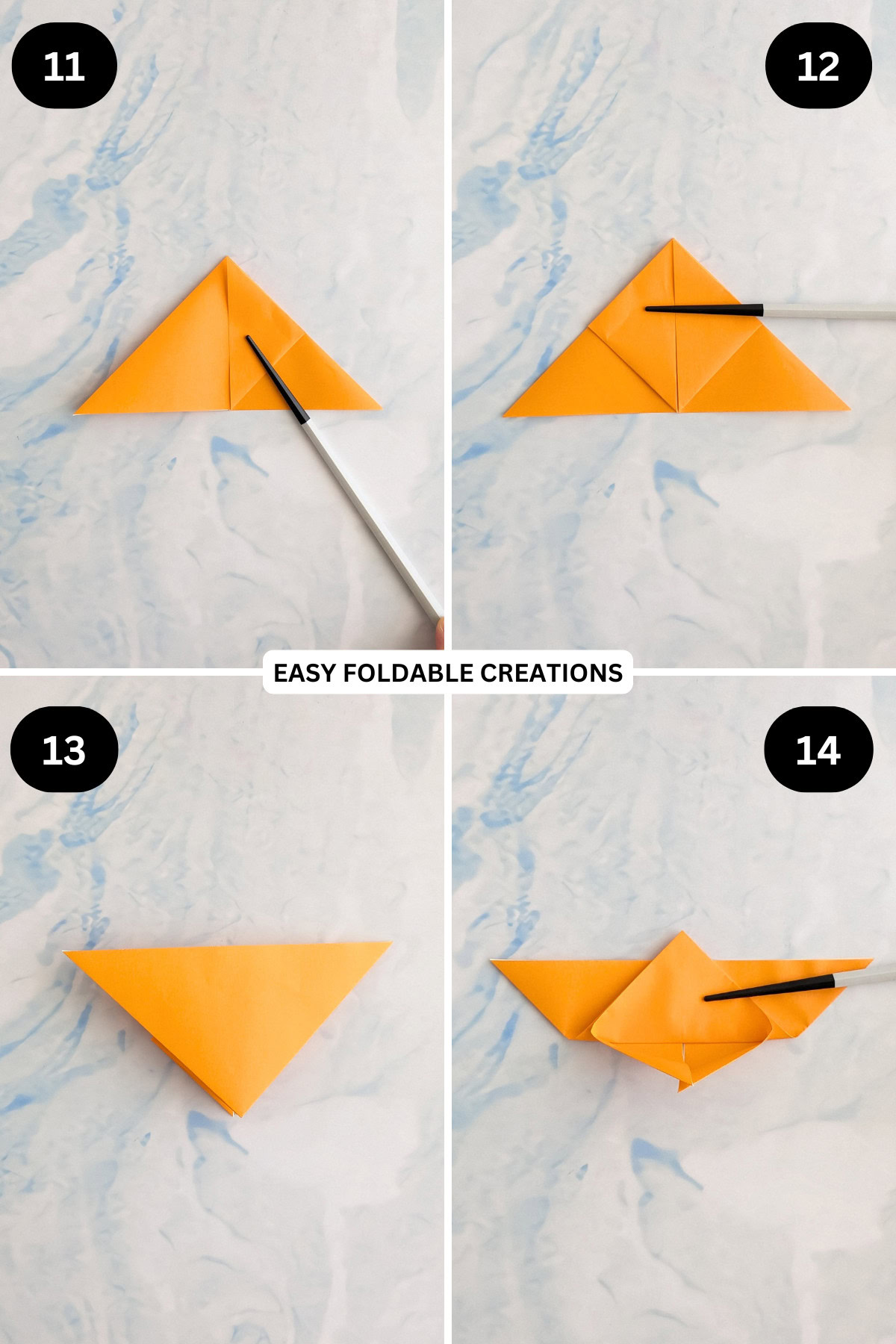 Steps 11 to 14 for folding a DIY butterfly cake topper.