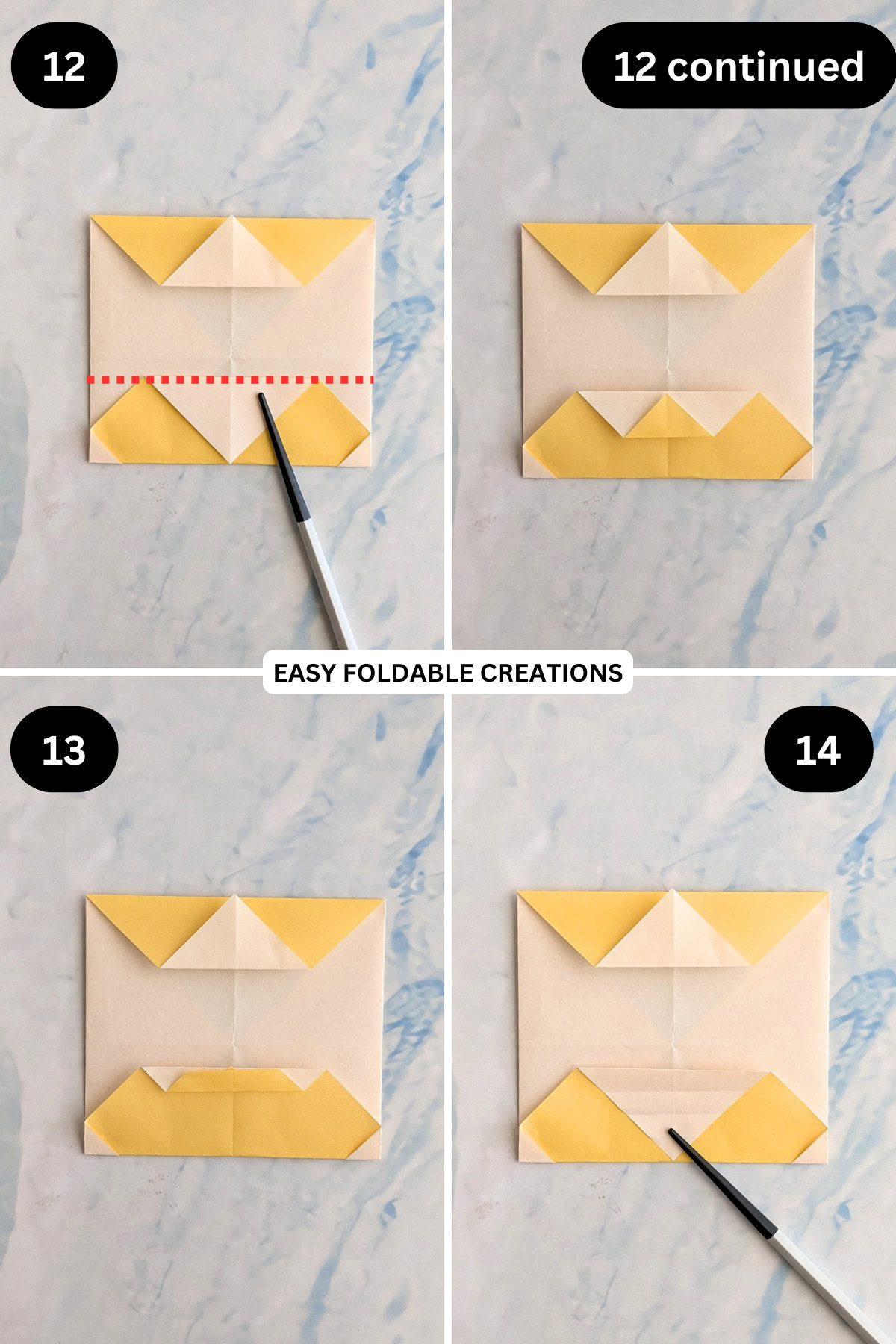 Steps 12 to 14 for folding an easy origami bunny in an egg.