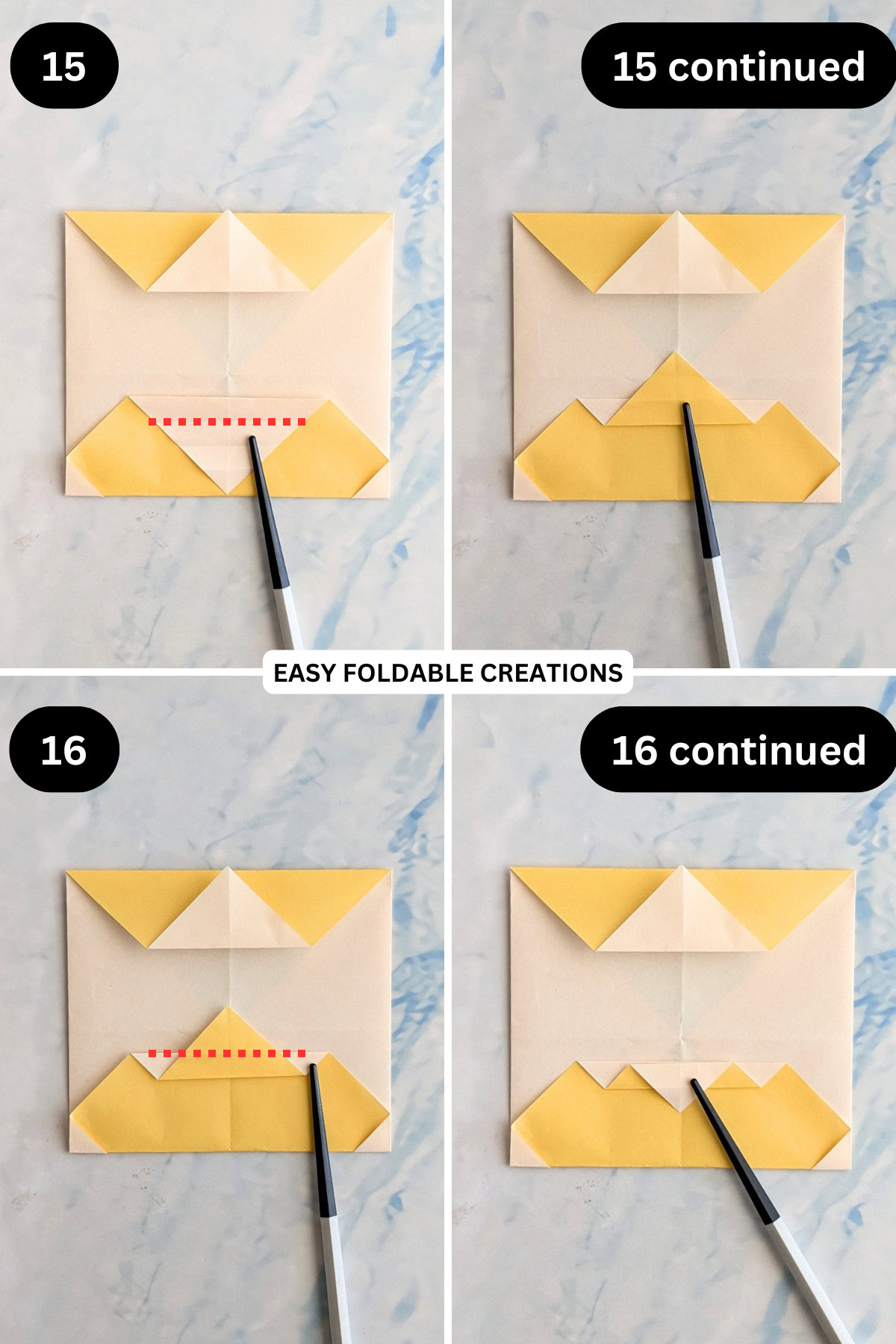 Steps 15 to 16 for folding an easy origami bunny in an egg.
