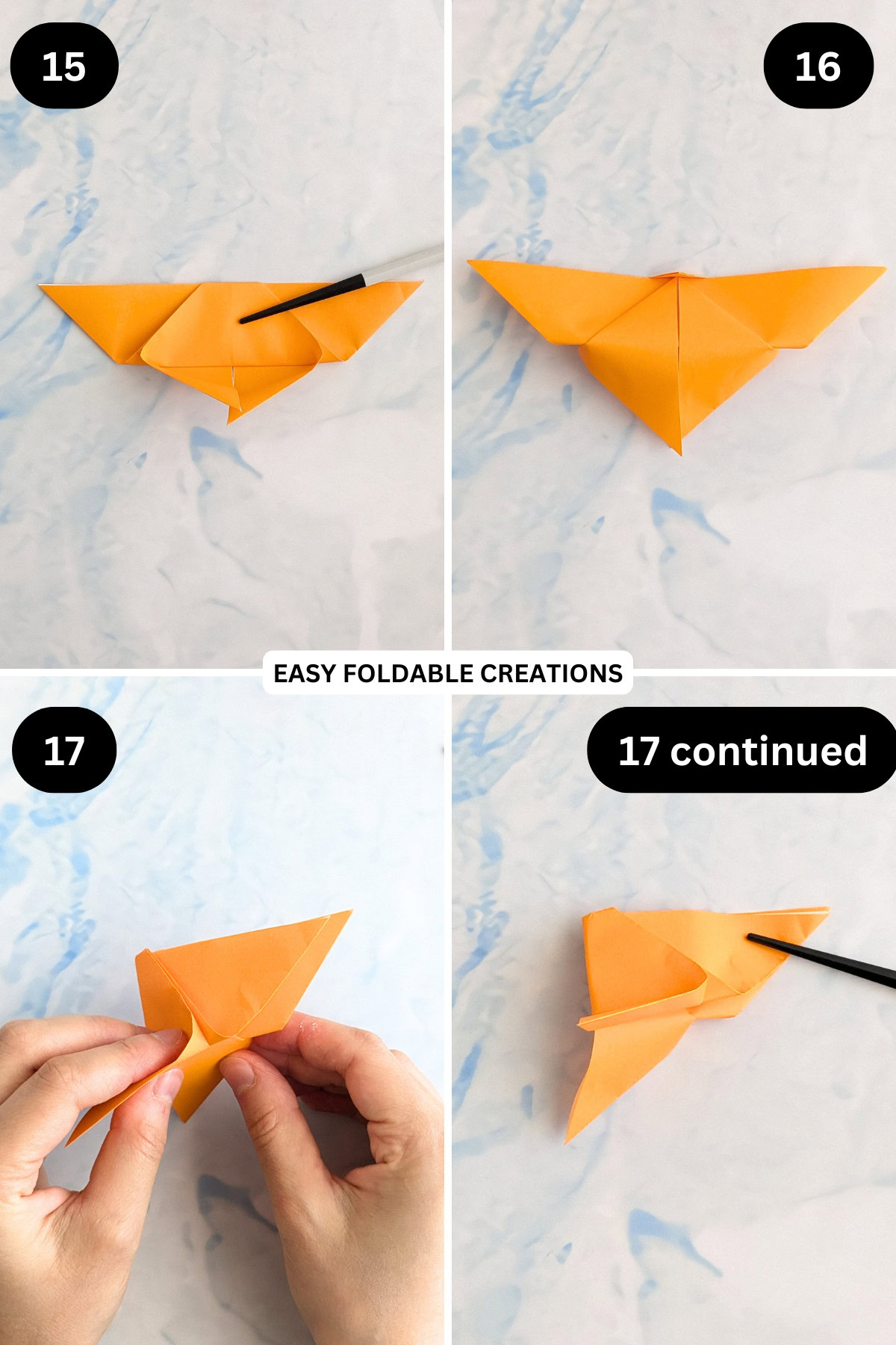 Steps 15 to 17 for folding a DIY butterfly cake topper.