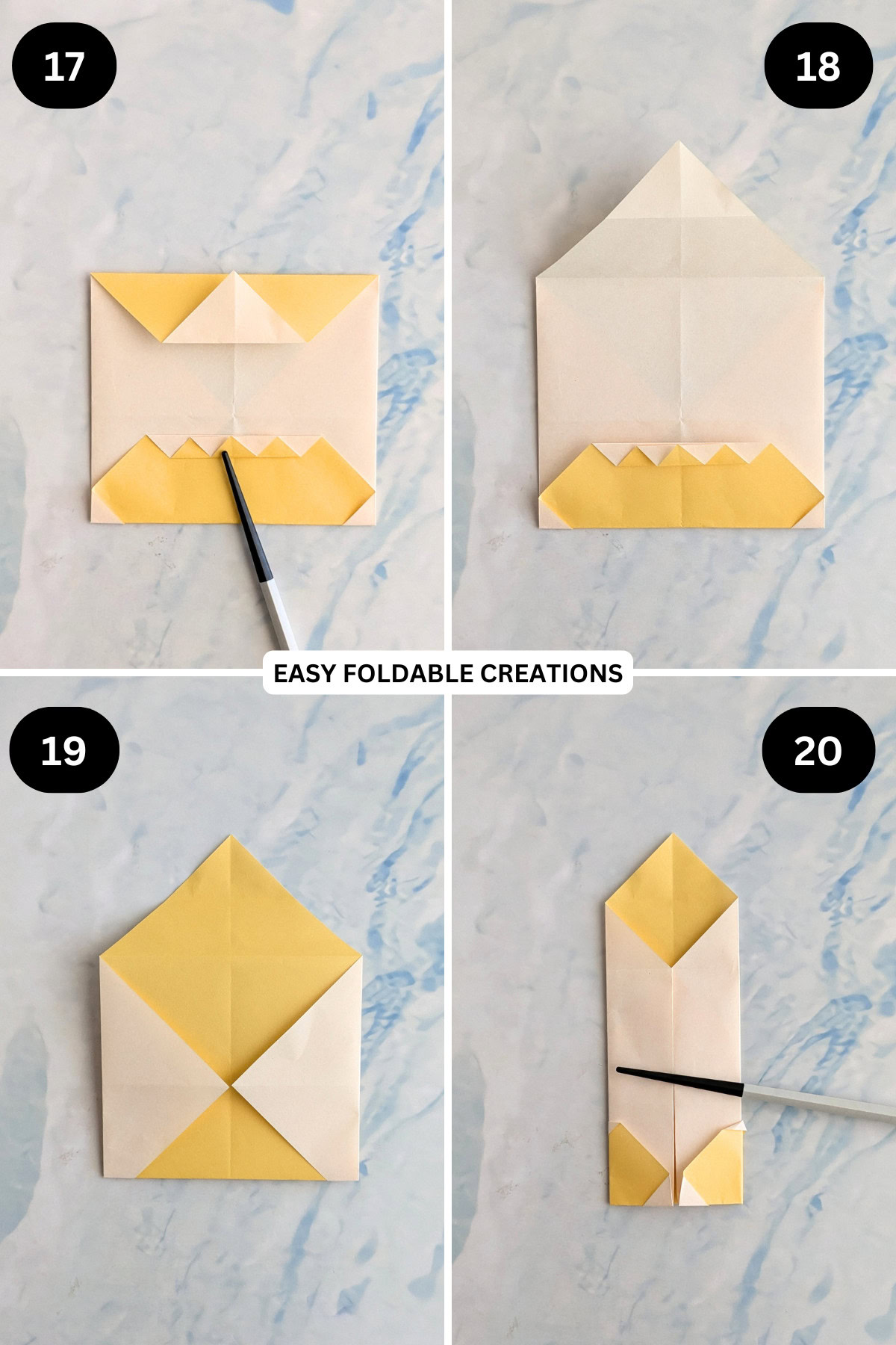 Steps 17 to 20 for folding an easy origami bunny in an egg.