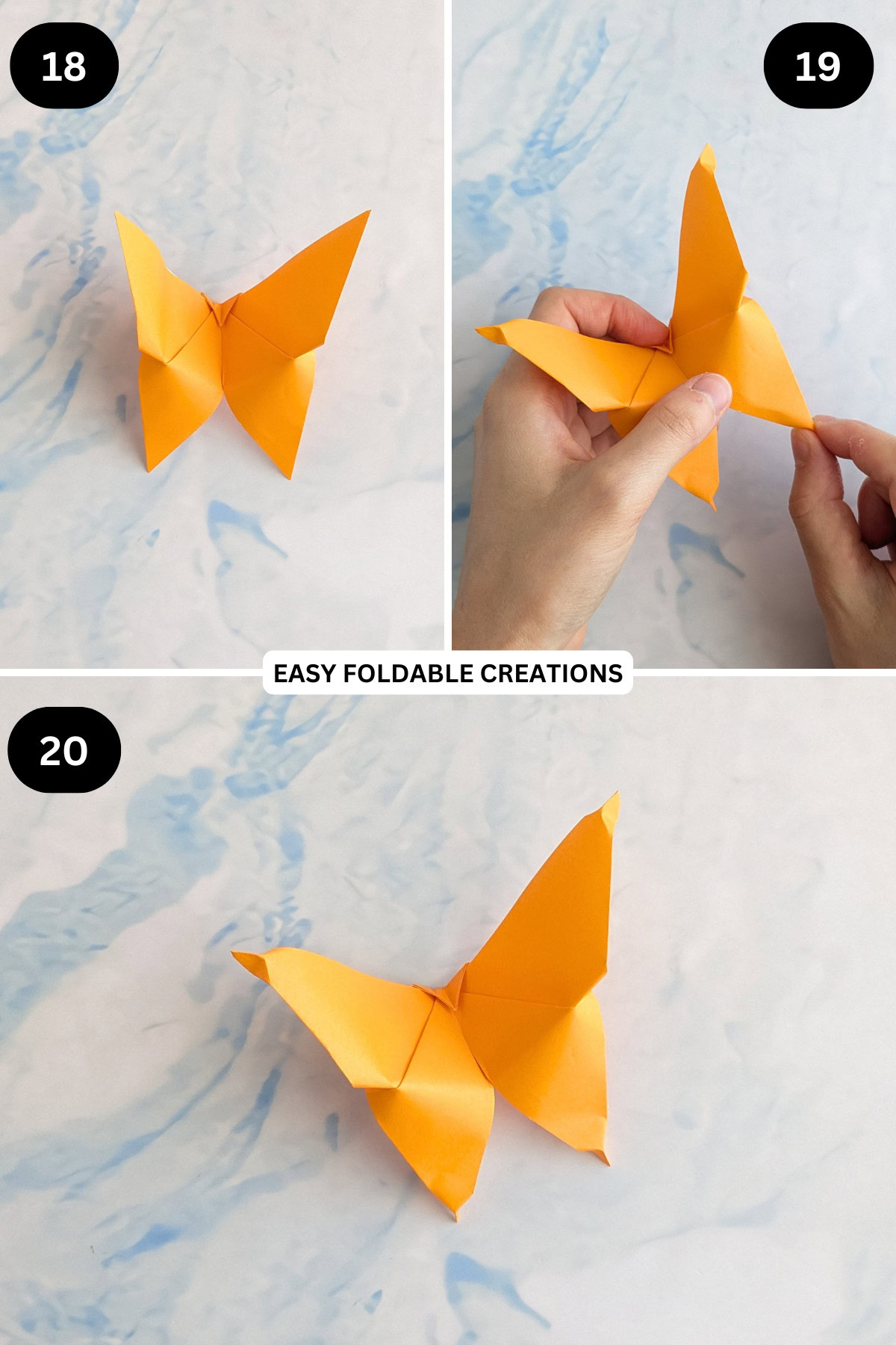 Steps 18 to 20 for folding a DIY butterfly cake topper.