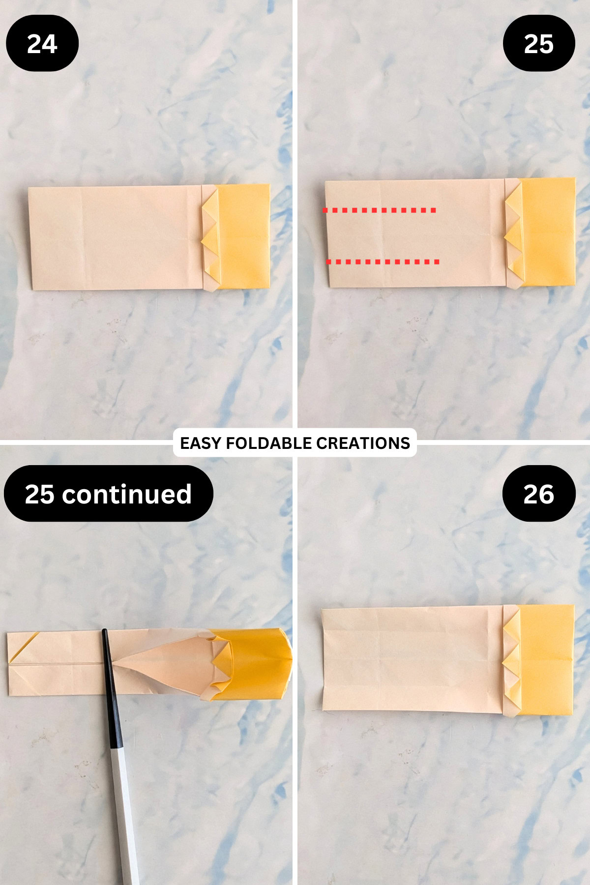 Steps 24 to 26 for folding an easy origami bunny in an egg.