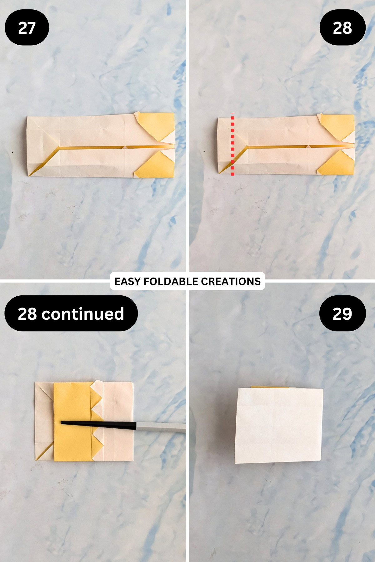 Steps 27 to 29 for folding an easy origami bunny in an egg.