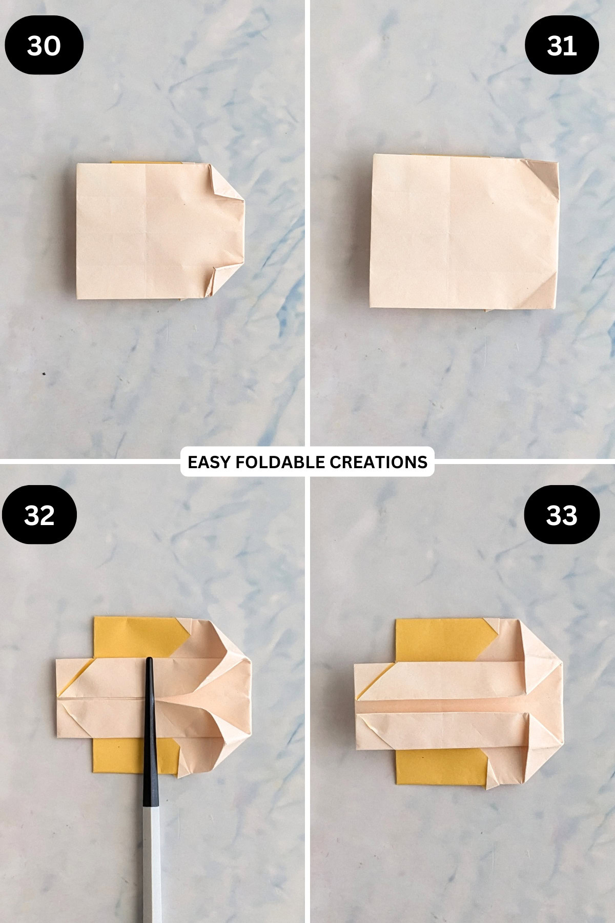 Steps 30 to 33 for folding an easy origami bunny in an egg.