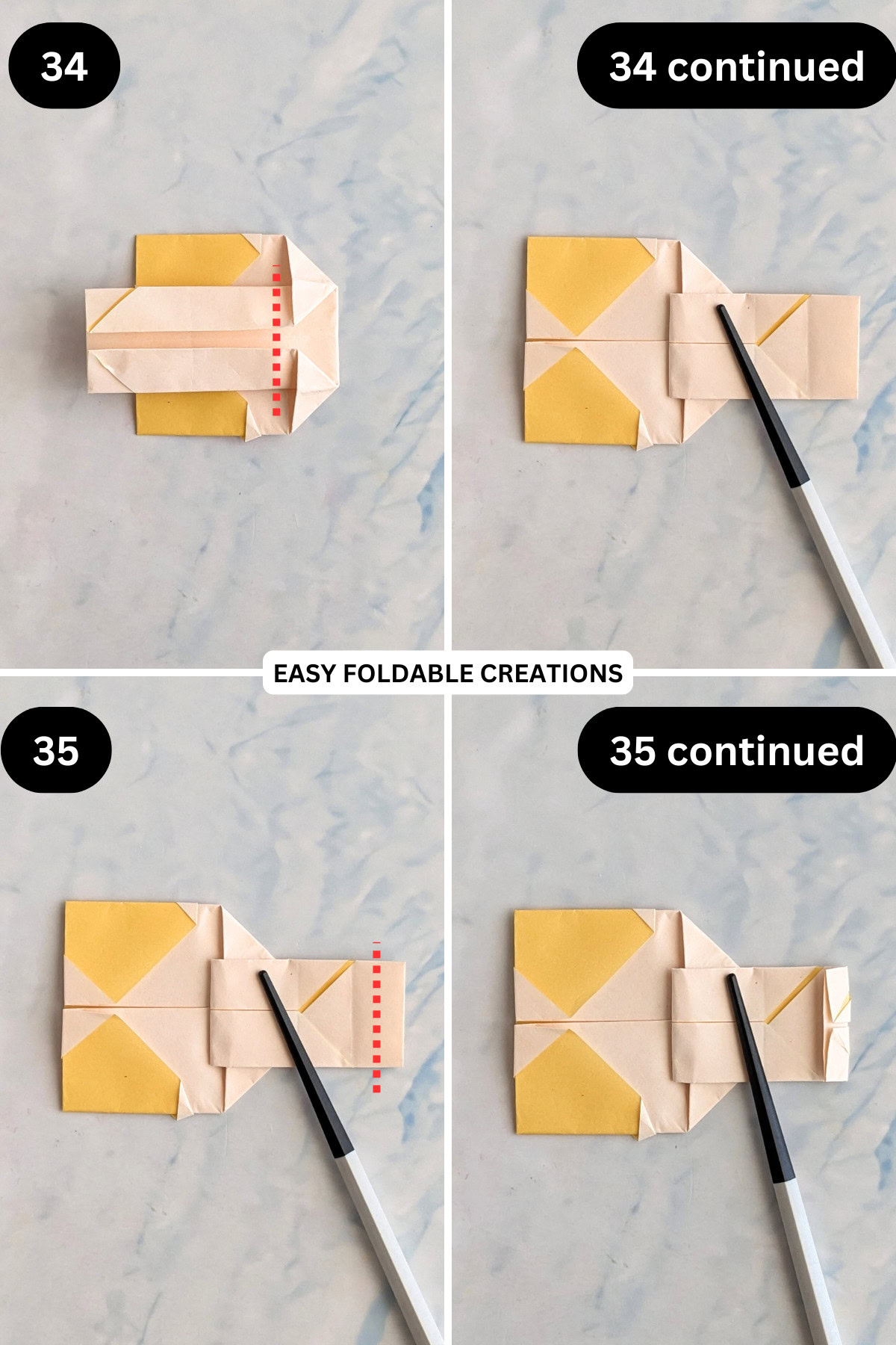 Steps 34 to 35 for folding an easy origami bunny in an egg.