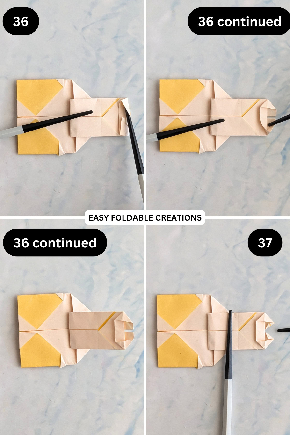 Steps 36 to 37 for folding an easy origami bunny in an egg.