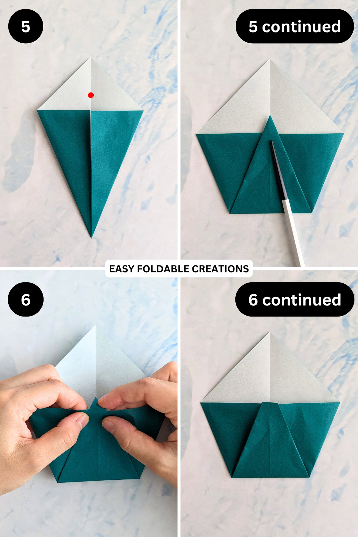 Steps 5 to 6 for folding an easy origami pouch.