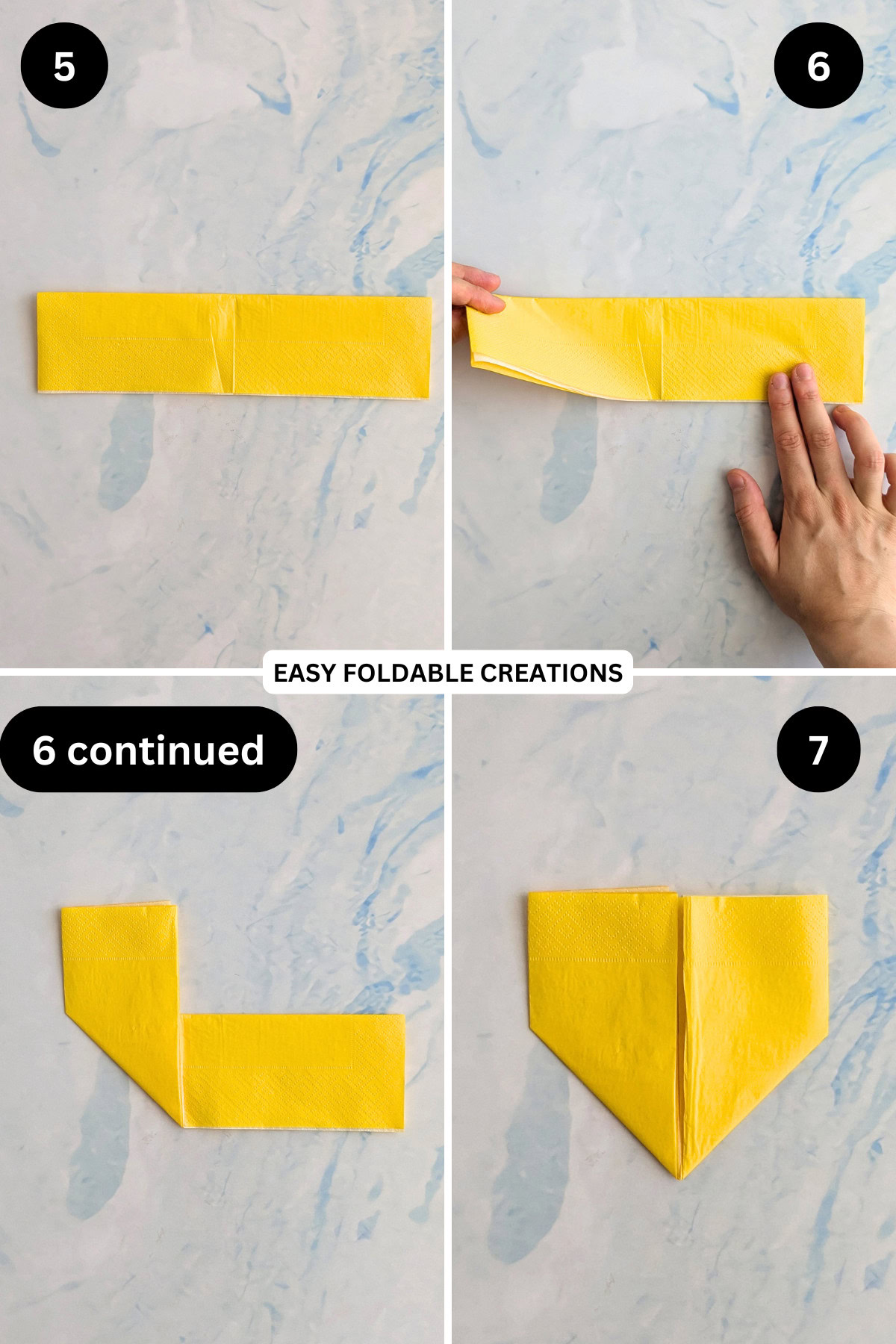 Steps 5 to 7 for folding a heart napkin fold with pouch.