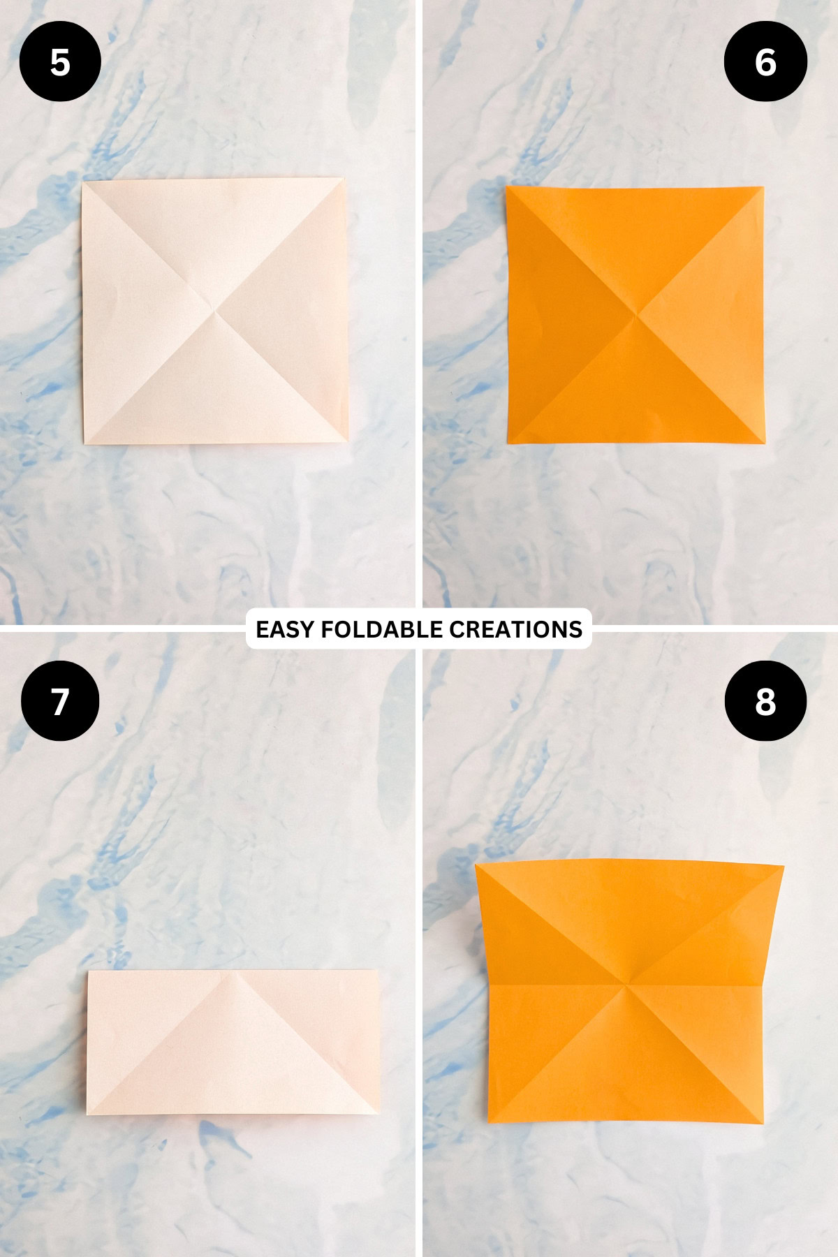 Steps 5 to 8 for folding a DIY butterfly cake topper.