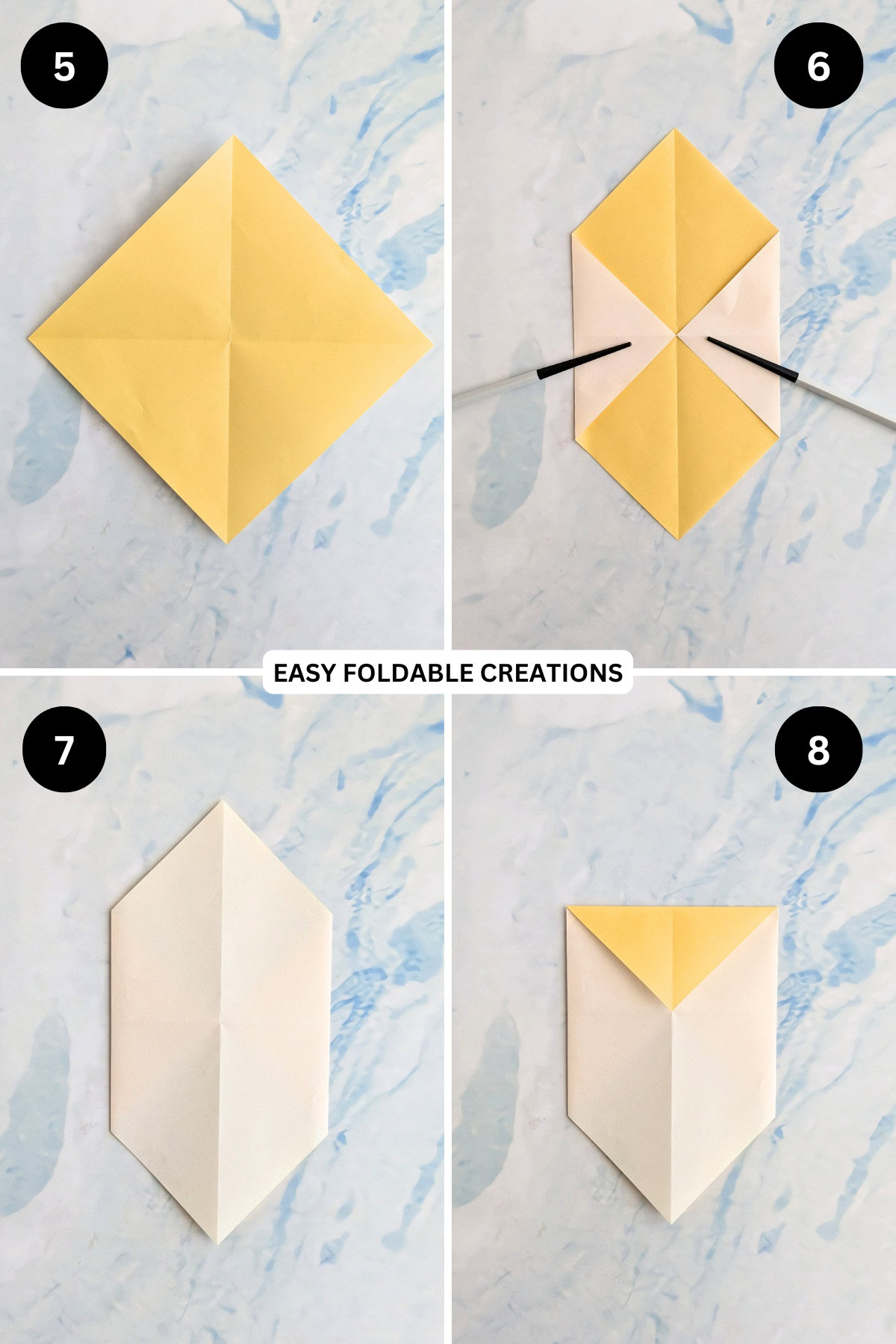 Steps 5 to 8 for folding an easy origami bunny in an egg.