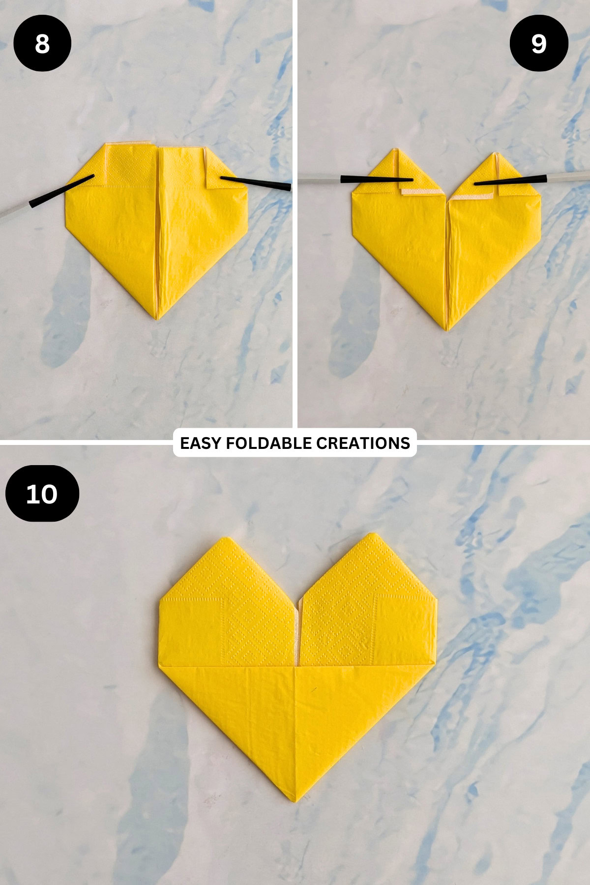 Steps 1 to 10 for folding a heart napkin fold with pouch.