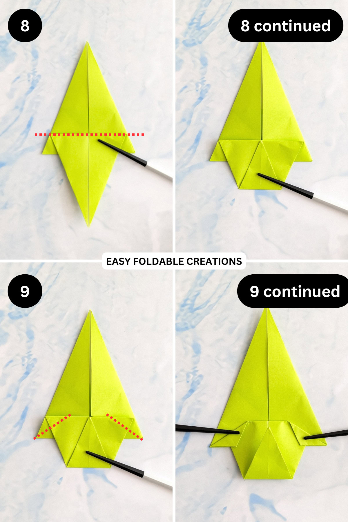 Steps 8 to 9 for folding a 2D origami Christmas tree.