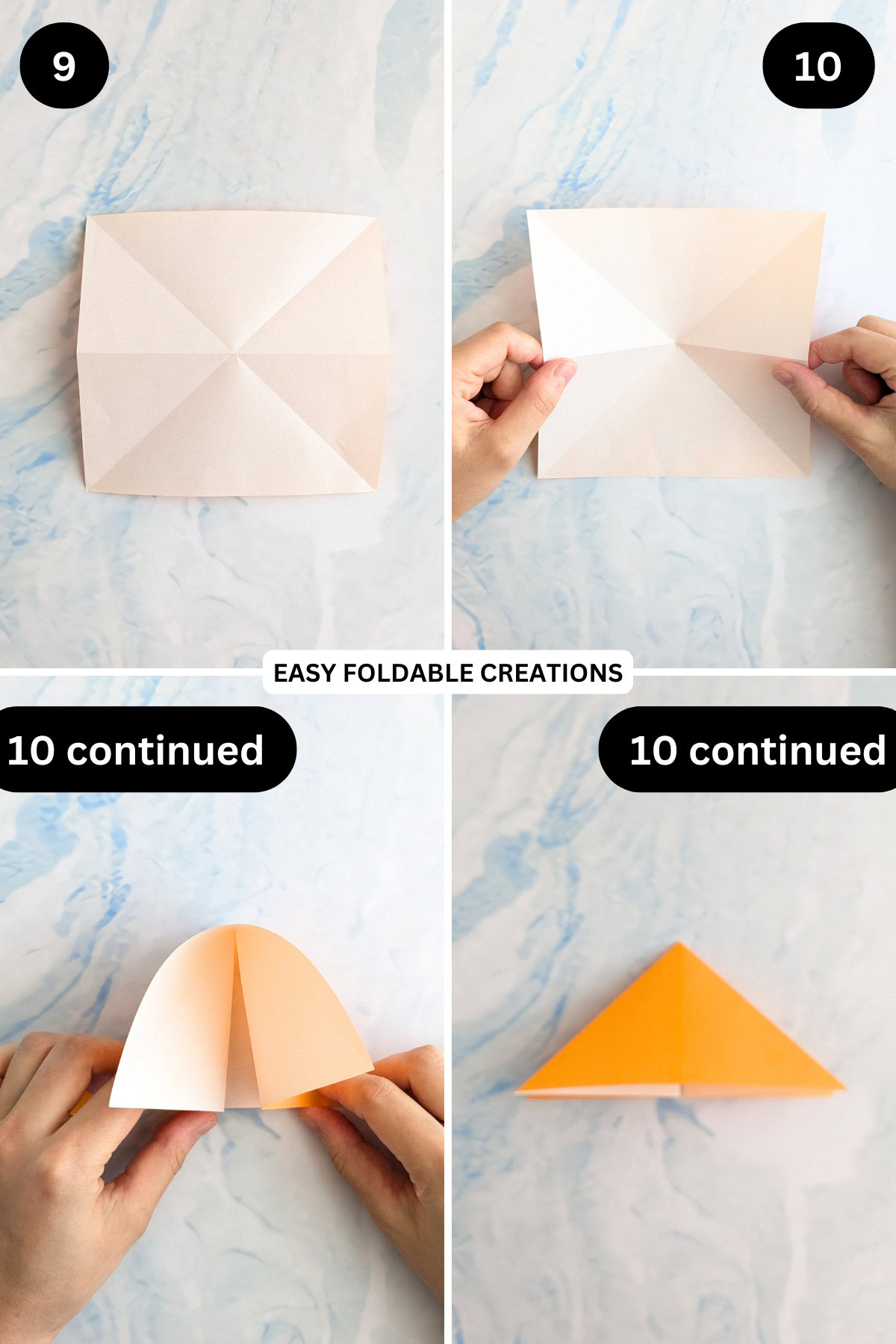 Steps 9 to 10 for folding a DIY butterfly cake topper.