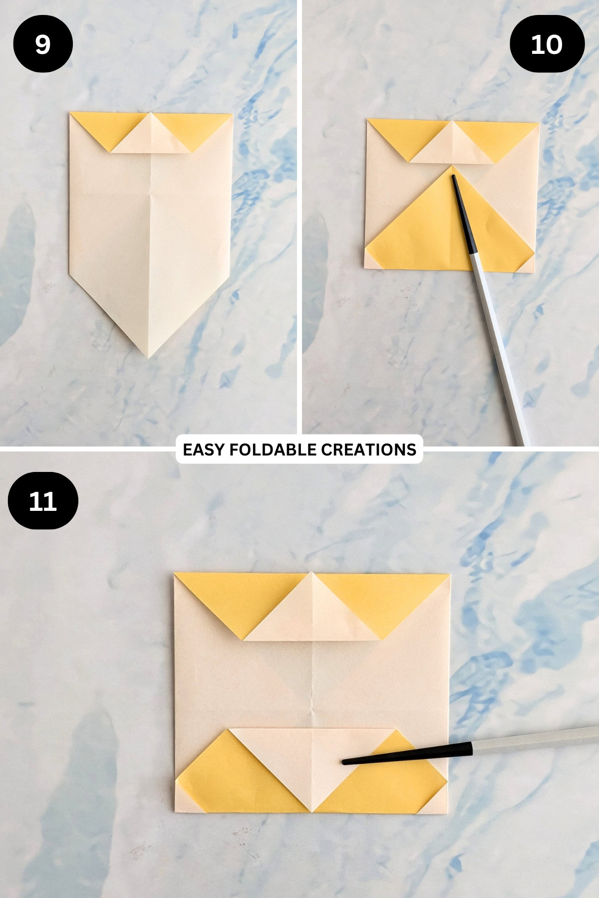 Steps 9 to 11 for folding an easy origami bunny in an egg.